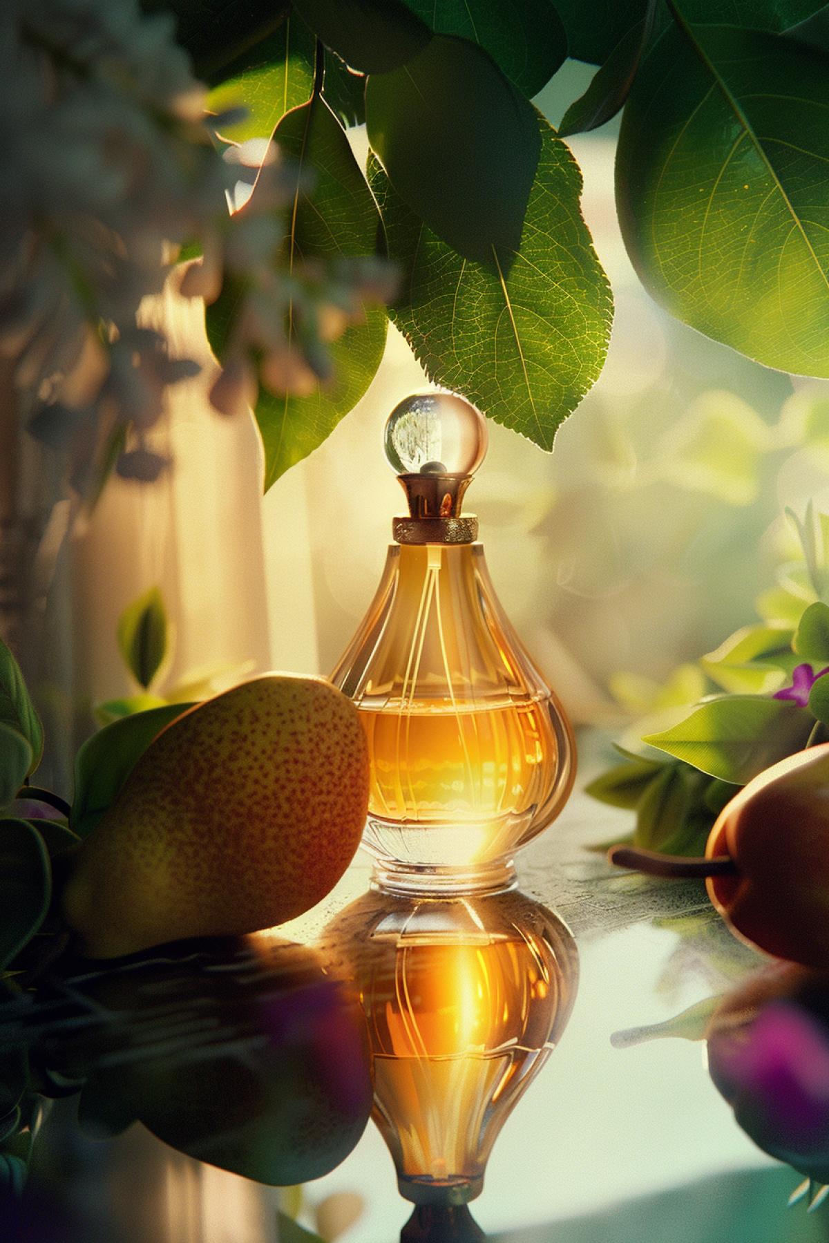 commercial shooting, perfume In the top notes of this com4k we find the now fashionable juicy pear. The delicate, velvety scent of pear is complemented by invigorating pink pepper and green violet leaves. This edge brings an element of mischievous freshness to the classic powdery register of the perfume., uItra rendering of molecular structure in glass texture, focus com4k, depth of field effect, ultra-high definition, intricate details, manual focus, kodak portra 400nc, SMC Pentax 75mm F2.8AL