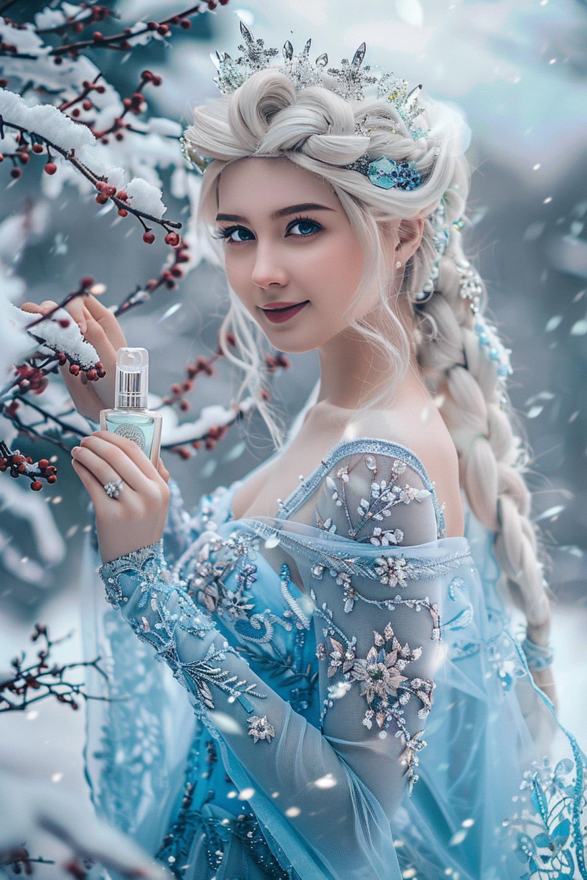 snow queen in a blue dress holds a nice bottle of perfume in her hand, an ice crown, a smile, full height, in a dress of flowers, the snow queen smiles, full growth, crown made of ice, full length character, smile