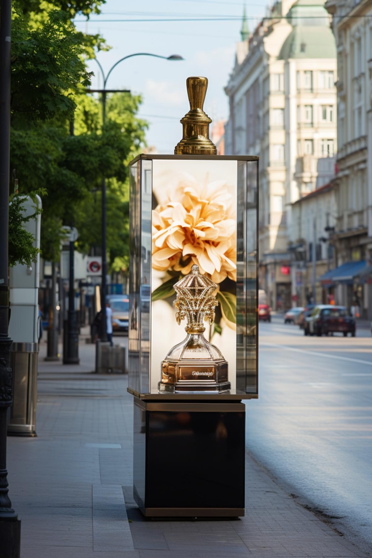 city street, near the billiard shopping center with modern advertising of perfumes