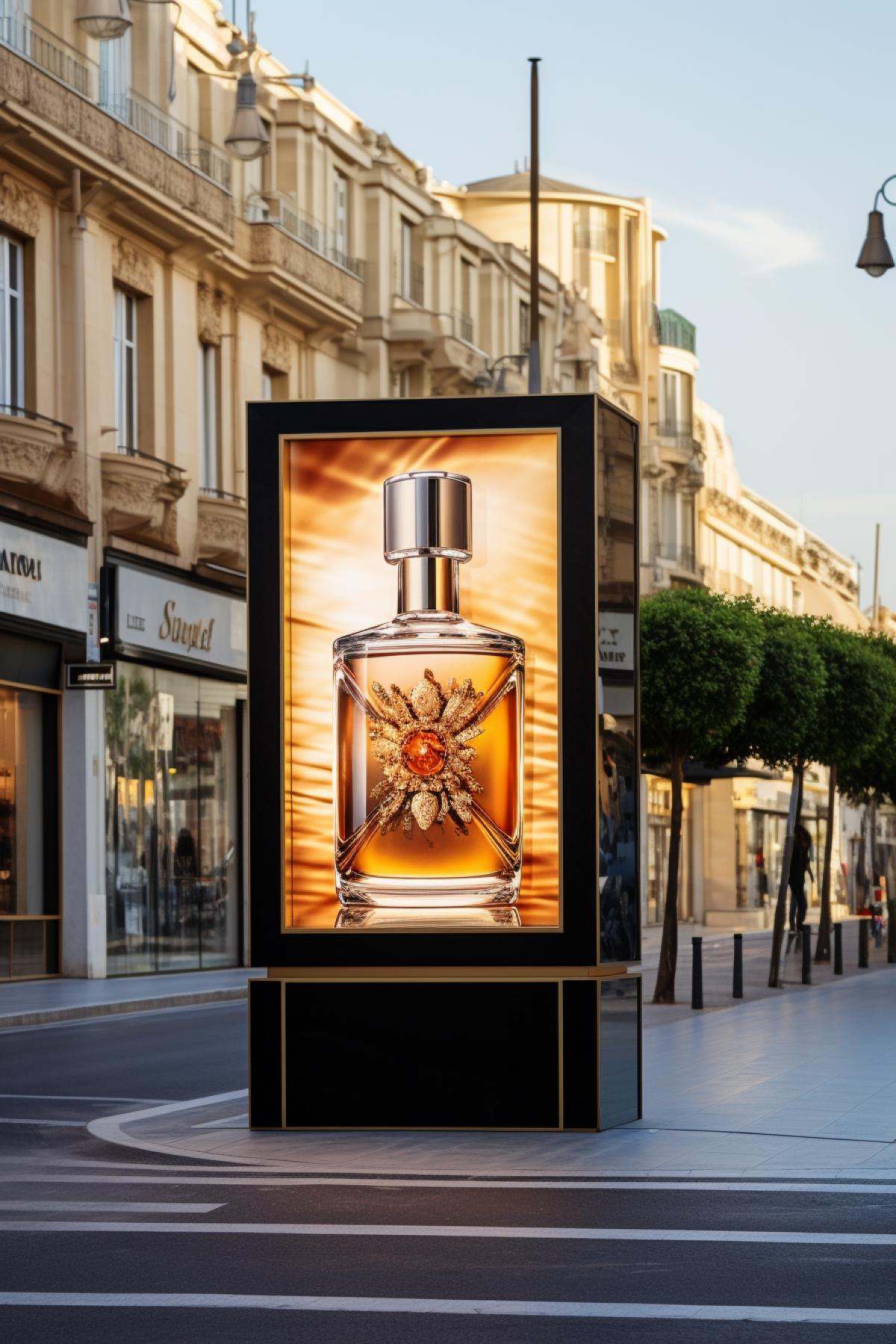 city street, near the billiard shopping center with modern advertising of perfumes