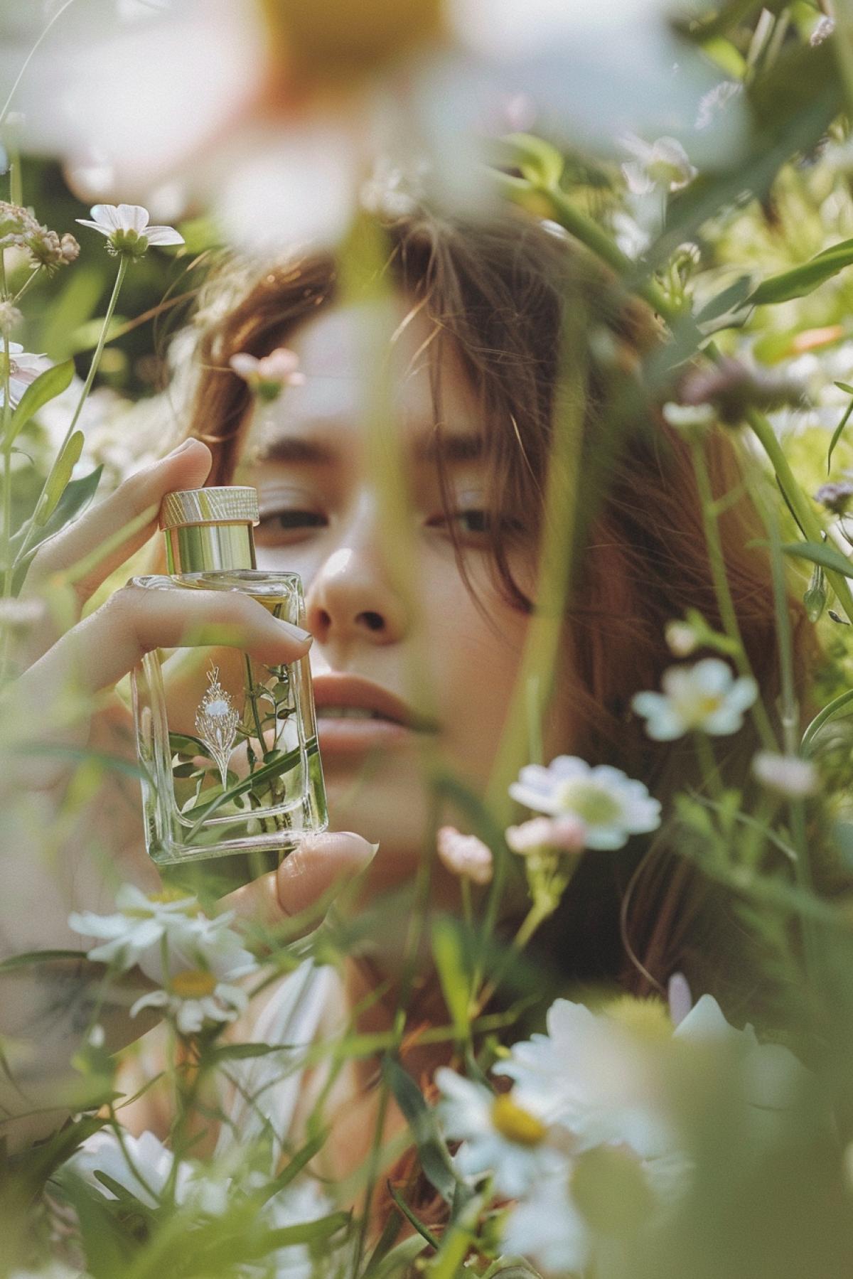 Close-up of a woman in nature, surrounded by blooming flowers and greenery. In her hands is a bottle of perfume, from which a light mist seems to emanate, enveloping the flowers. Light and delicate background, creating a feeling of freshness and natural purity