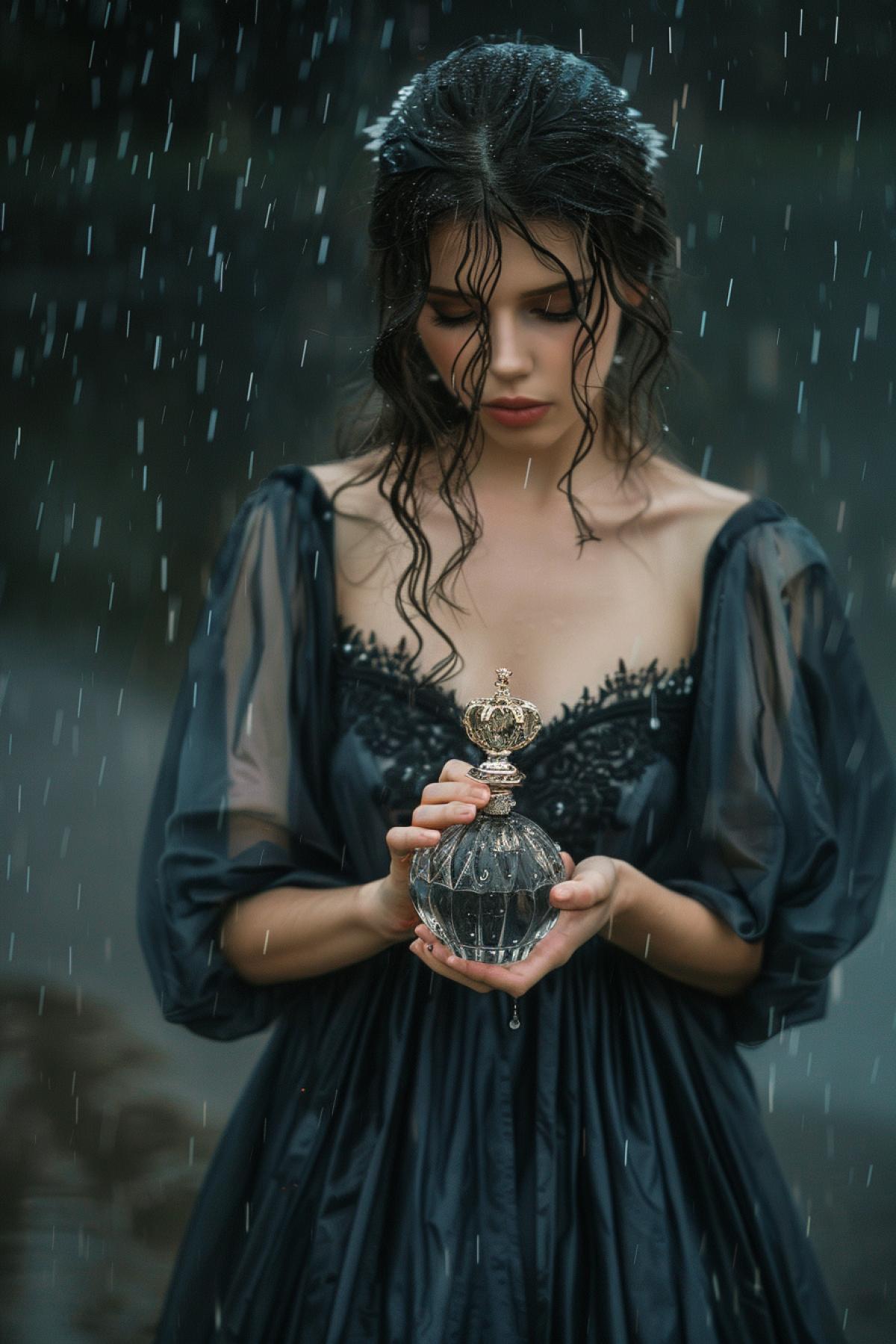 A woman in the rain in a flowing dress with a low neckline holds in her hands a glass bottle of perfume with an image of a crown, dramatic shot, passion
