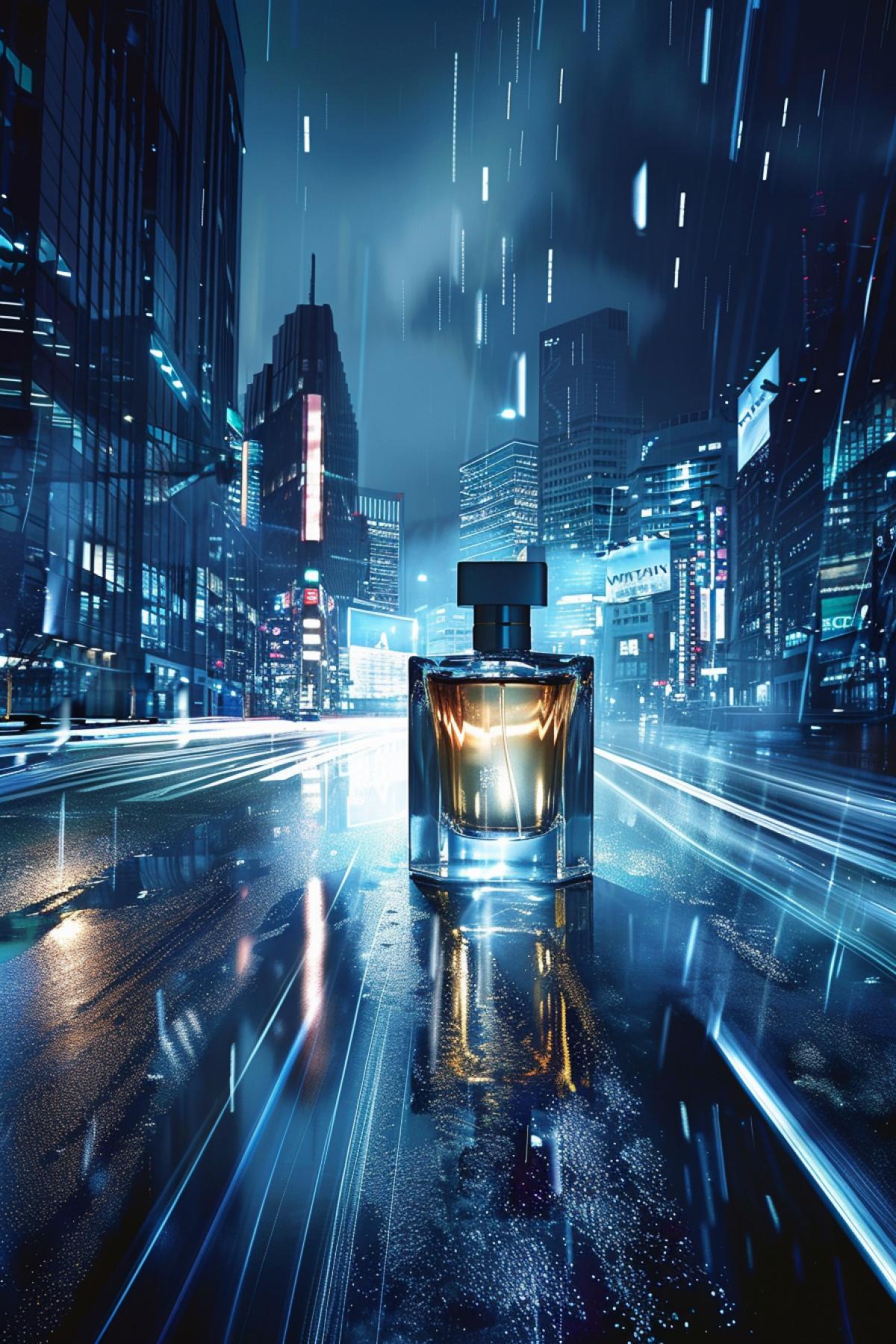 Design a dynamic urban-themed advertisement for mens cologne, featuring a bold and confident bottle design. The setting should include a cityscape at night, with sharp lines and contrasting lights to convey strength and freshness. The fragrance notes should emphasize woody and fresh elements, appealing to a modern and assertive audience.