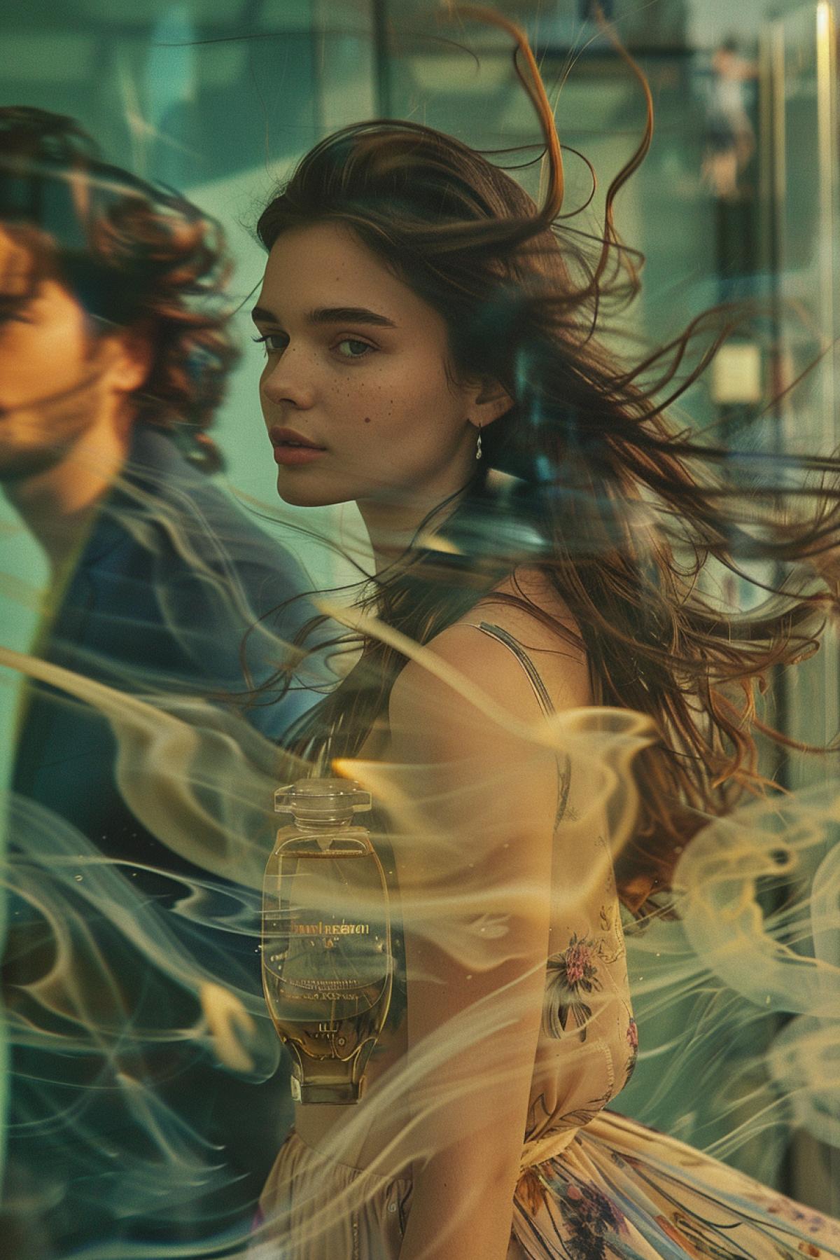 Advertising of eau de perfume with a beautiful 23-year-old girl wearing breathtaking clothes passing by and a young man looking at her leaving with absolutely mad-of-love face waves of scent across the picture bottle of perfume