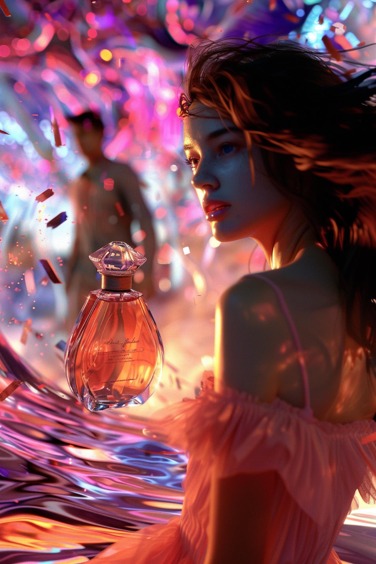 Advertising of eau de perfume with a beautiful 23-year-old girl wearing breathtaking clothes passing by and a young man looking at her leaving with absolutely mad-of-love face waves of scent across the picture bottle of perfume 3d Pixar illustration