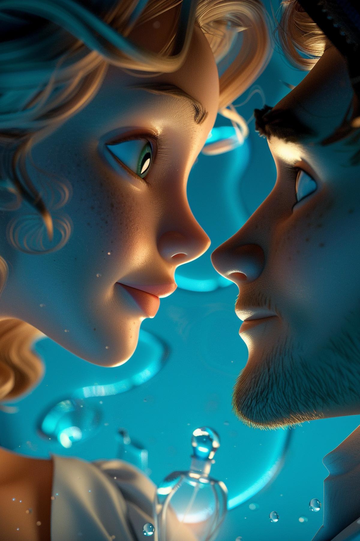 Advertising of eau de perfume with a beautiful 23-year-old girl wearing breathtaking clothes and a young man looking at her leaving with absolutely mad-of-love face waves of scent across the picture 3d Pixar illustration