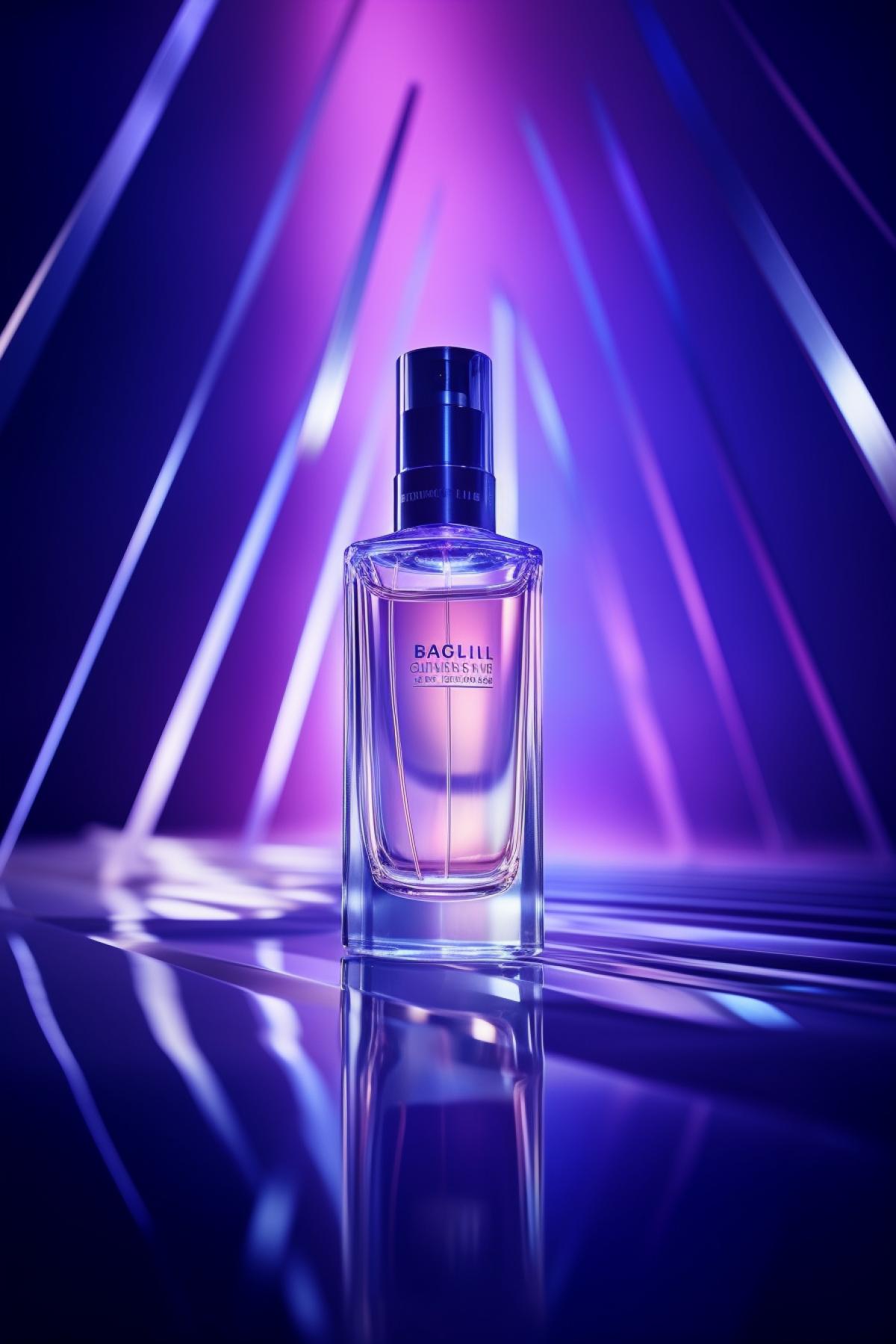 perfume with the inscription \"Faberlic\" against the backdrop of an active concert with blue, coax and purple tones. a minimalistic beam from a spotlight falls on the bottle. high quality pictureminimalistic tones