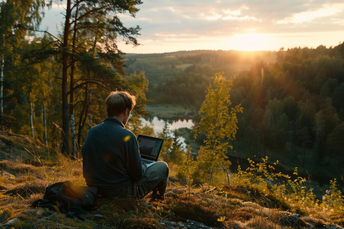 A man sits with a laptop and looks at the screen, everything happens in nature, against the backdrop of a beautiful landscape, sunlight