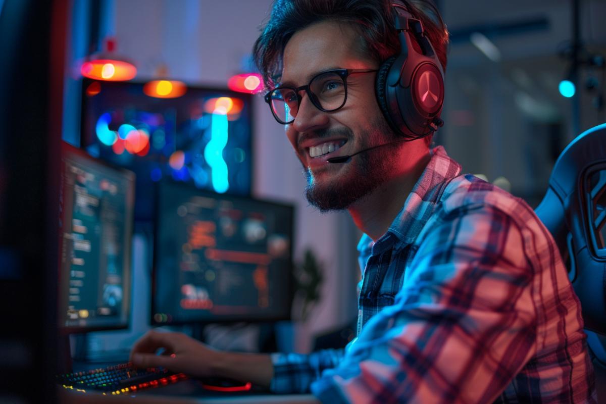 Game tester at his workplace, ideal job