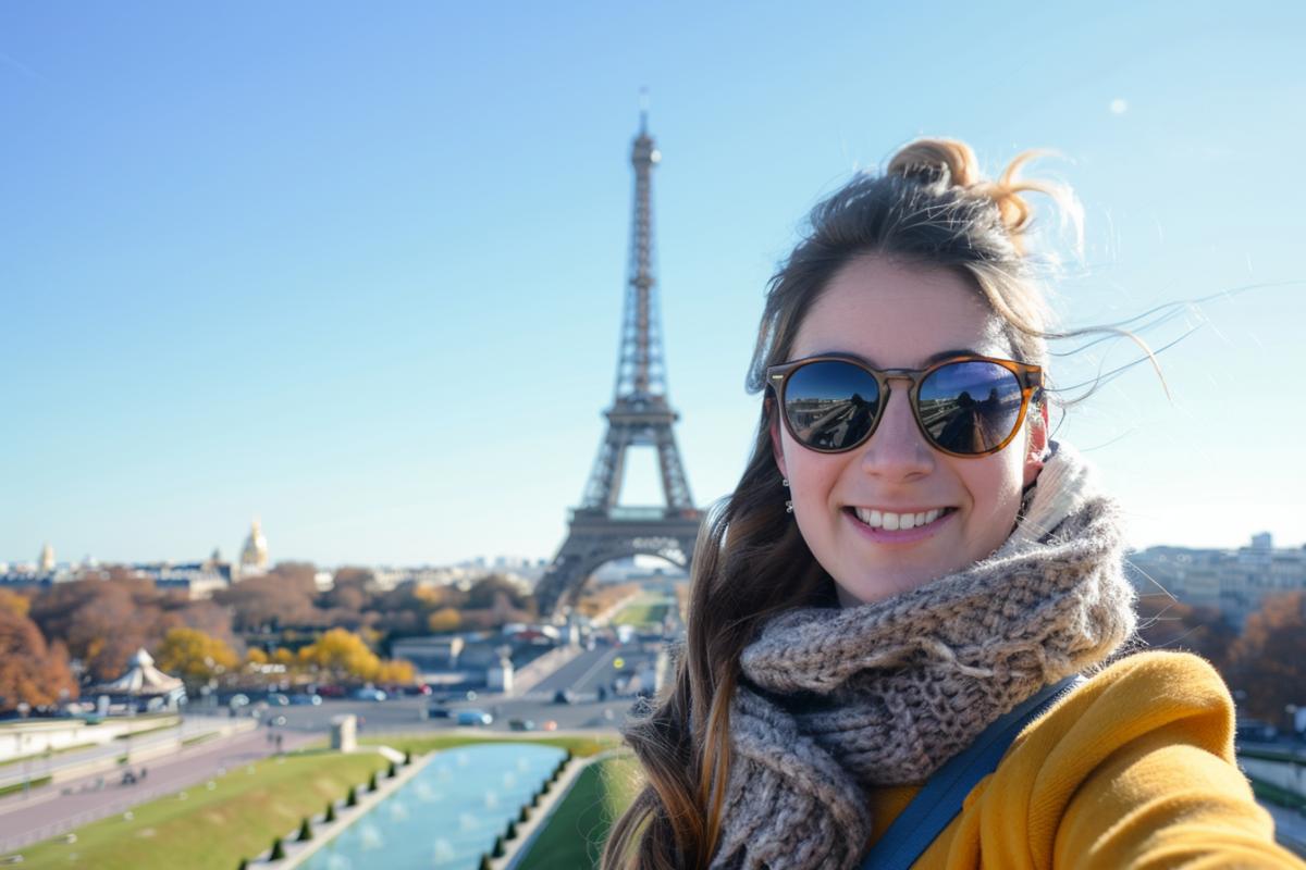 Travel blogger selfie with the Eiffel Tower in the background