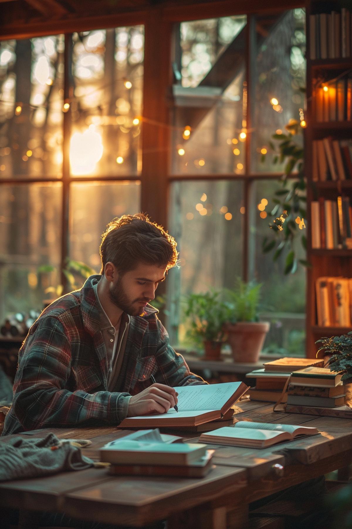 A man sits at a table and writes a book, a large wooden table, twilight, style with books, inspiration, comfort, parallel world, fairy-tale world, good quality photography