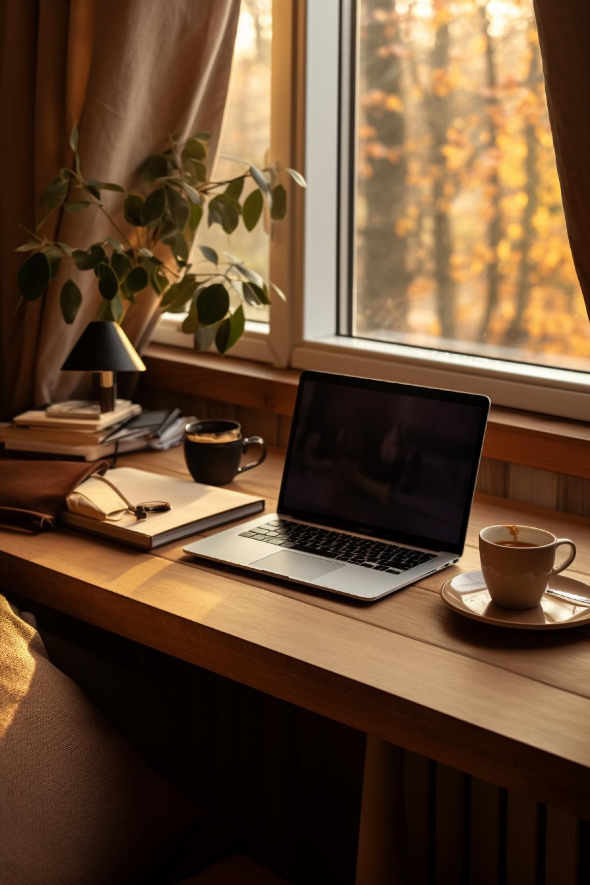 Workplace in a cozy room with warm colors. The table is made of dark lacquered wood, with a laptop and a small cup of coffee on it.