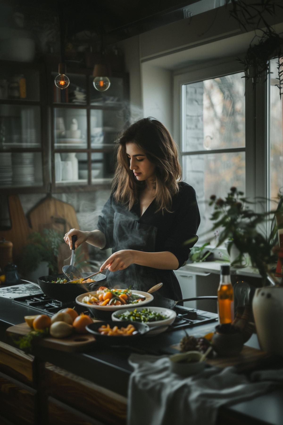 Woman preparing food, modern kitchen interior 2024, silence, peace, creativity, flickering, good quality photo