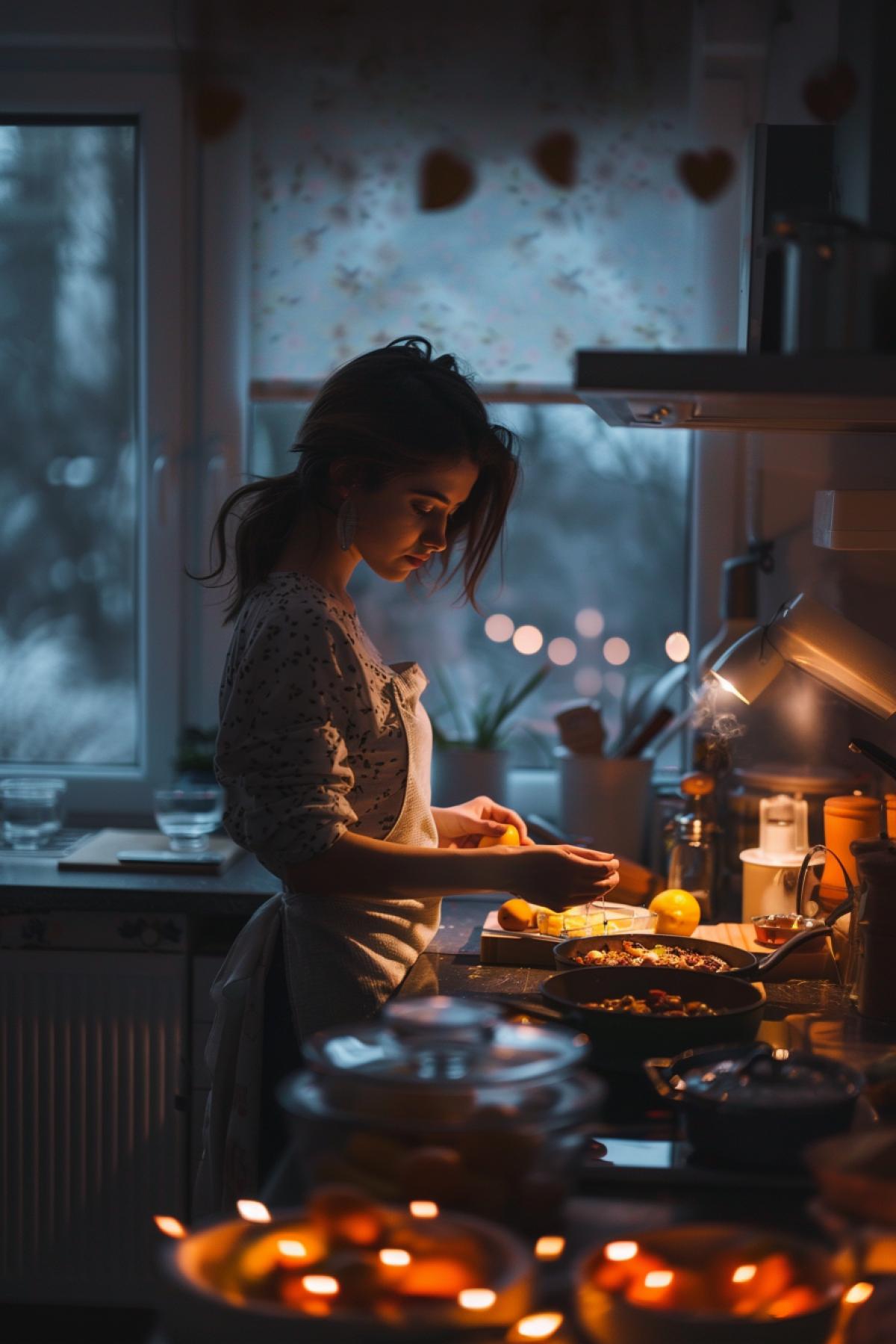 Woman preparing food, modern kitchen interior 2024, silence, peace, creativity, flicker, good quality photo, modern kitchen interior 2024, silence, peace, creativity, flicker, good quality photo