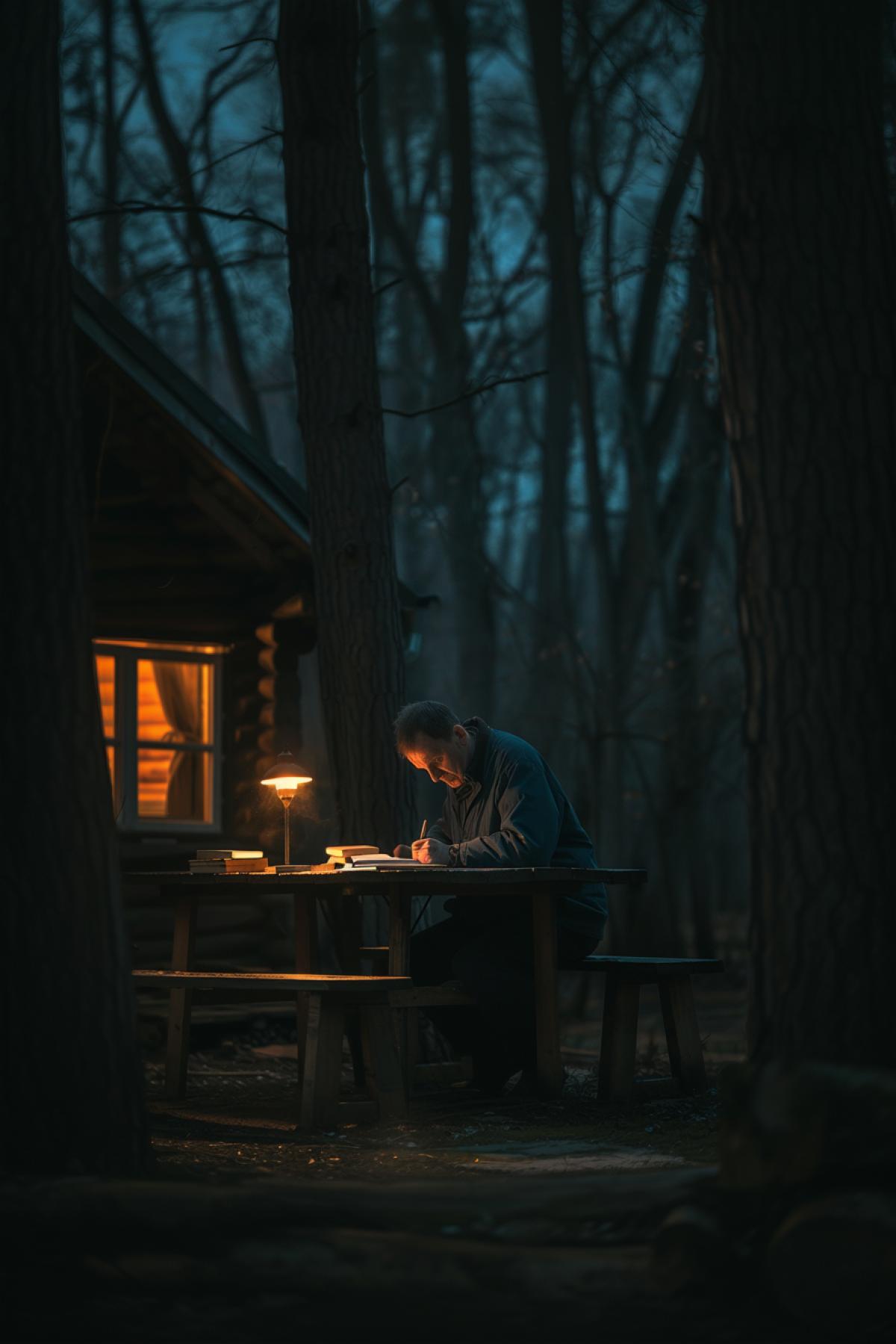 A man sits at a table and writes a book, a large wooden table, twilight, style with books, inspiration, comfort, parallel world, fairy-tale world, good quality photography