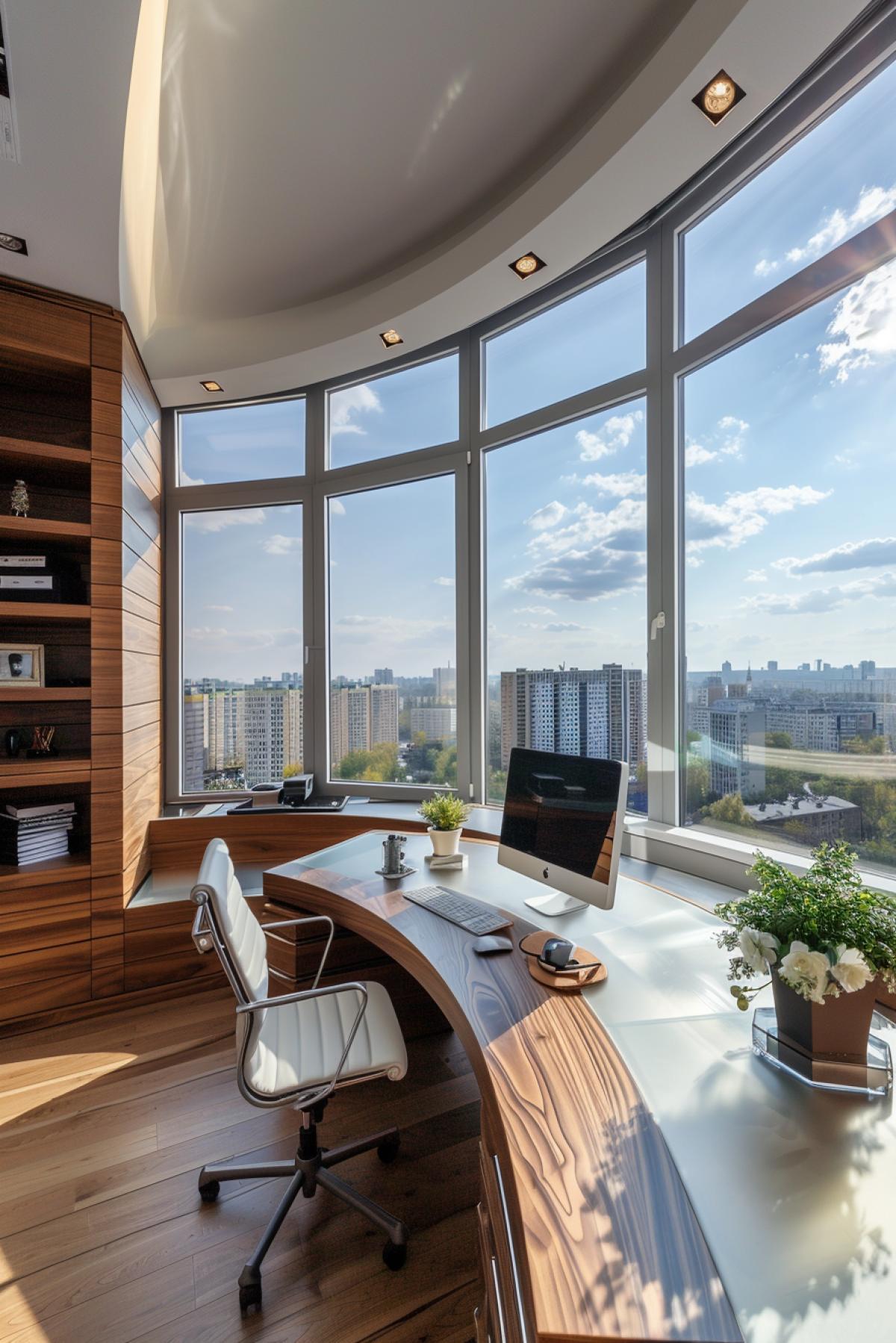 The most ergonomic cosy comfortable office cell sliver flowers breathtaking view out of panoramic window modern computer coffee cookies interior photography