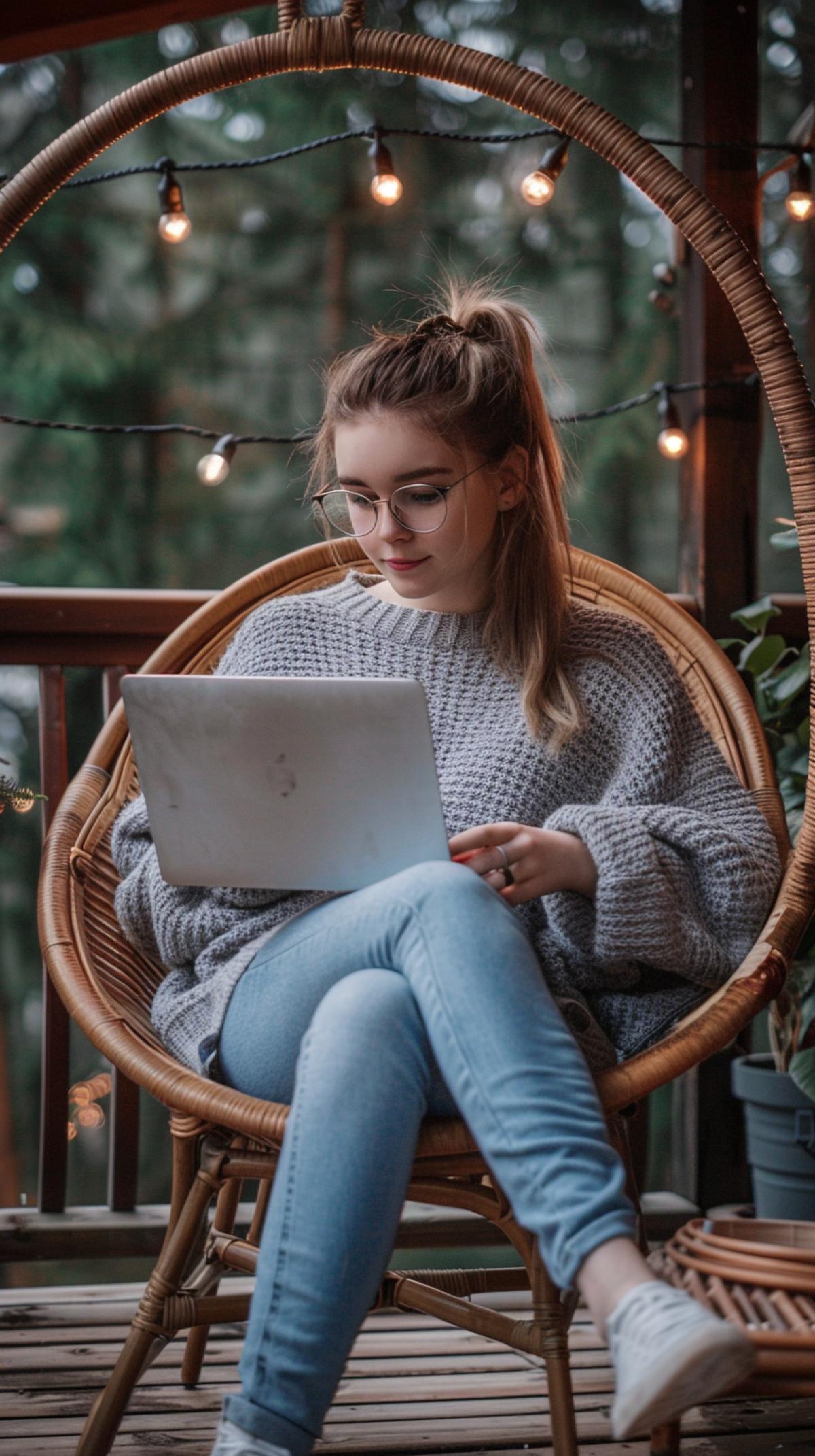 Beautiful young girl, light brown hair in a ponytail, glasses, beautiful. In a gray voluminous woolen sweater and blue jeans, sitting half-sided in a large wicker chair, on a wooden terrace, holding an open laptop, looking at the monitor, sitting on a large wooden terrace, summer evening after rain, atmospheric, cloudy, silence, many trees, atmospheric , artistic photo, background, garland of small light bulbs, high resolution, portrait photography