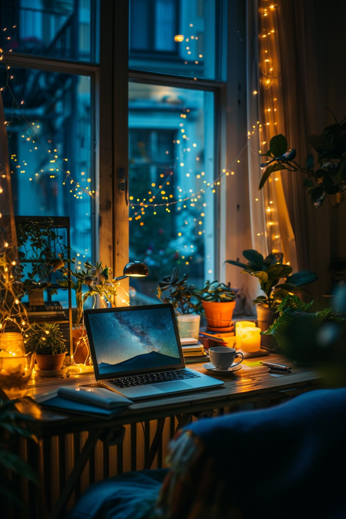 Unusual place to work, another planet, desk, laptop, stars, twinkling, good quality photo