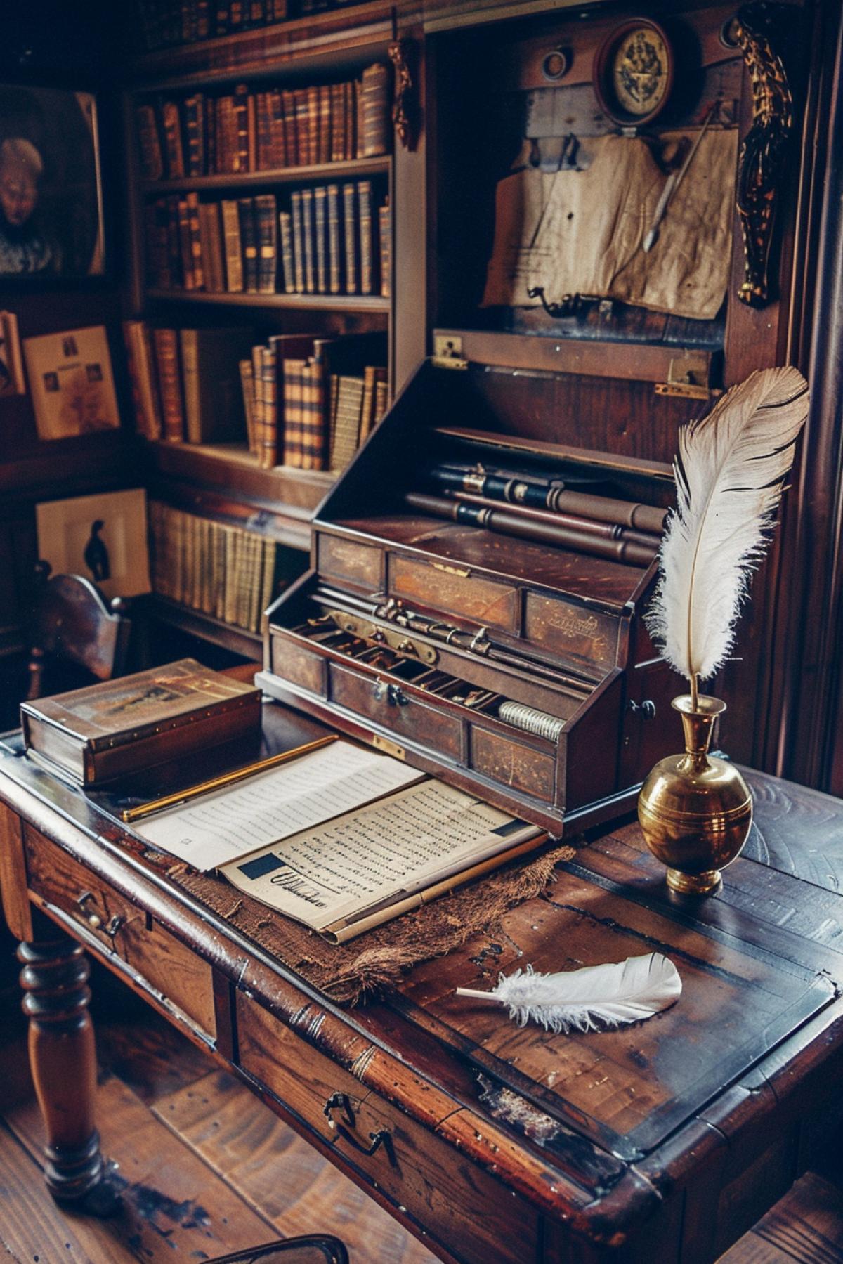 Old-fashioned bureau of polished wood m4kcript upon the table open in the middle with inscriptions and drawings goose feather inkpot candle night