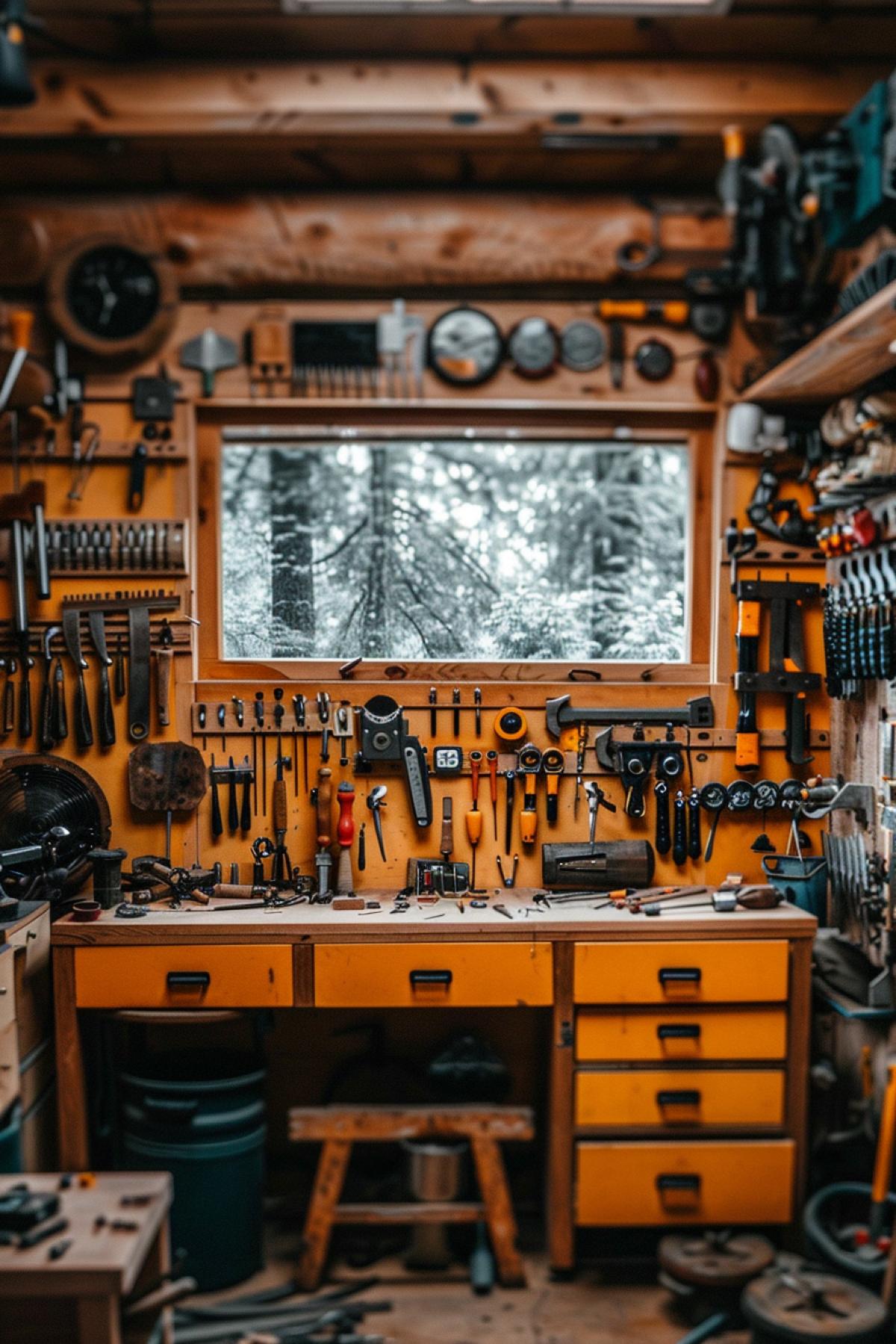 Jeweler-darksmith workshop in steampunk style, wooden room, jewelers workbench with tools and light in front of a large window overlooking the forest, photo from the side. Lots of tools, hammers, rollers, anvil