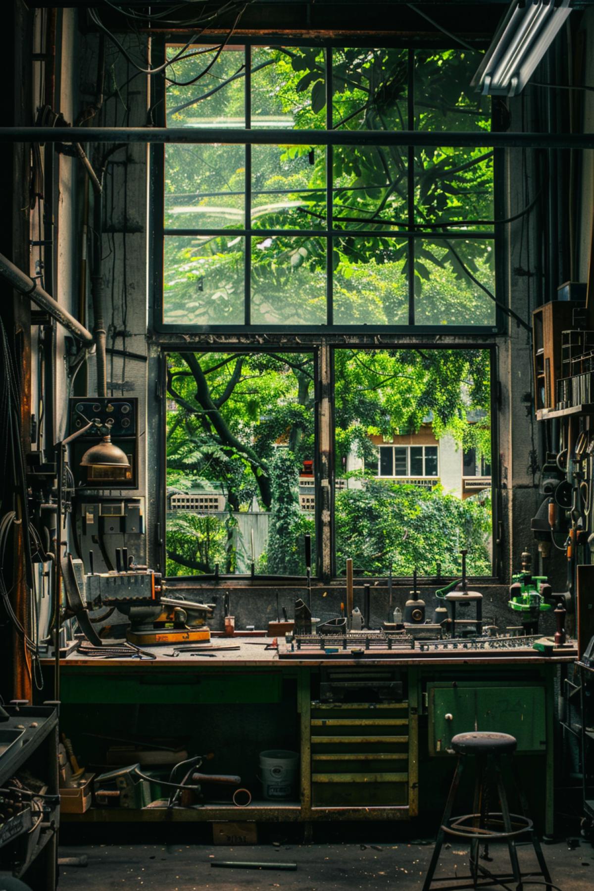 Jeweler-darksmith workshop in steampunk style, wooden room, jewelers workbench with tools and light in front of a large window overlooking the forest, photo from the side. Lots of tools, hammers, rollers, anvil