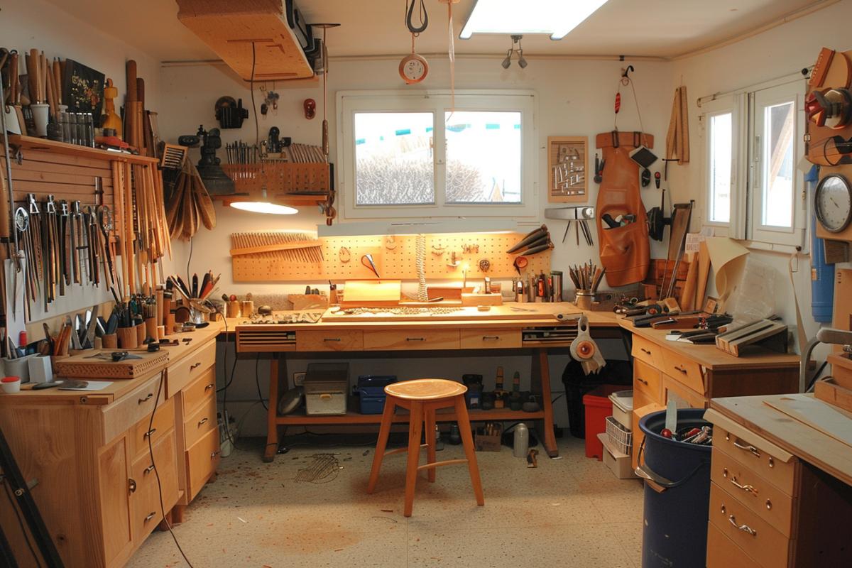 Steampunk jewelry making bench with brass and copper accents and an elaborate set of tools for making intricate necklaces and bracelets. The table is decorated with polished wood, a leather apron and gloves, creating a luxurious workshop atmosphere. Gabriele Dellotto