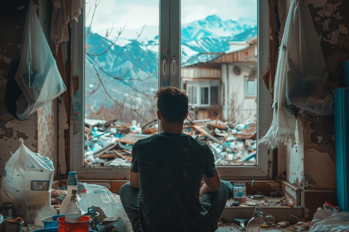 A man sits in front of the window, outside the window there are destroyed mountains, trash cans, bags