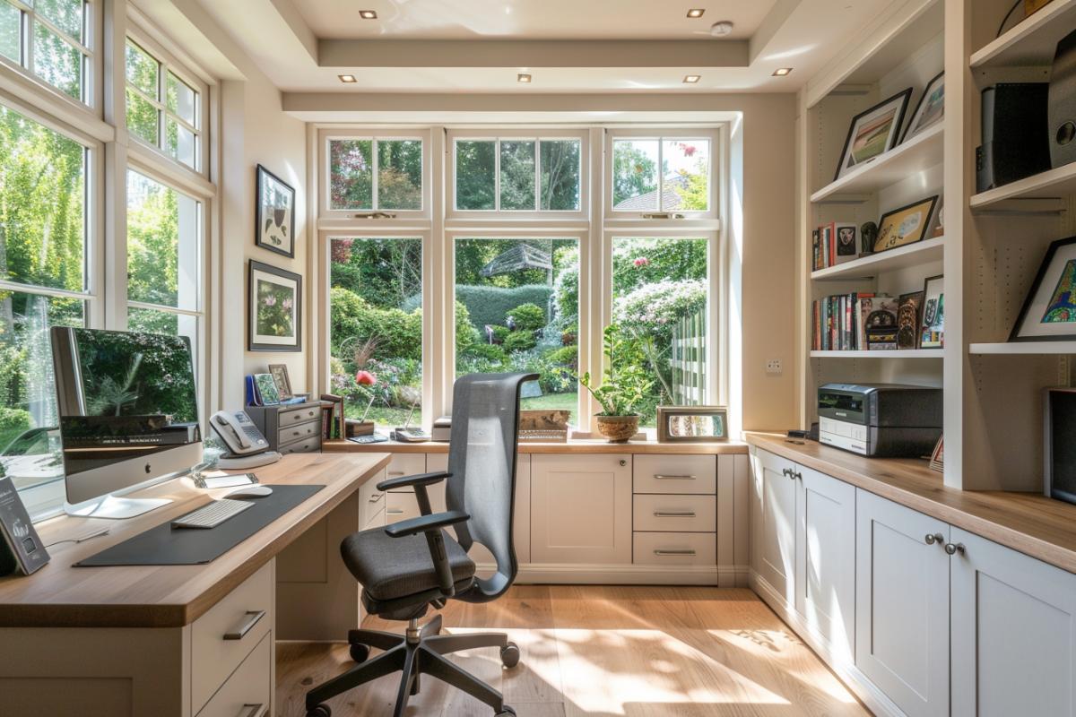 A perfect workspace, a serene, well-organized home office with large windows letting in natural light, overlooking a beautiful garden. The desk is made of polished wood, with a comfortable ergonomic chair. On the desk, theres a high-end computer setup, stylish stationery, and a few personal touches like framed photos and potted plants. Shelves line the walls, filled with books and neatly arranged storage. The room has a calm, inviting atmosphere with soft colors, minimalistic decor, and subtle touches of greenery. A cozy reading nook with a plush armchair and a small side table is set in one corner. Everything is arranged to promote focus, creativity, and comfort