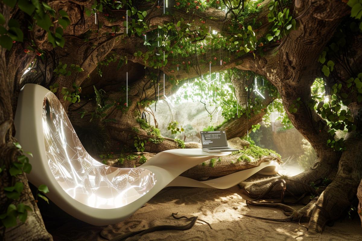 A fantastical and unique perfect workspace, an office suspended in the canopy of an ancient, sprawling tree, with a floor of sdirty, interwoven branches and walls formed by thick, lush foliage. The desk is a seamless blend of wood and crystal, glowing softly from within. Ergonomic chairs are crafted from smooth, polished roots, perfectly shaped for comfort. High-tech equipment is embedded organically within the natural elements, with holographic screens floating in mid-air. Bioluminescent plants provide gentle, ambient lighting, and vines hang gracefully, occasionally blooming with vibrant flowers. A hidden alcove features a hammock made of gossamer threads for relaxation. The atmosphere is serene, infused with the sounds of naturerustling leaves, birdsong, and the distant murmur of a waterfall. Everything is designed to foster inspiration, tranquility, and a deep connection with nature