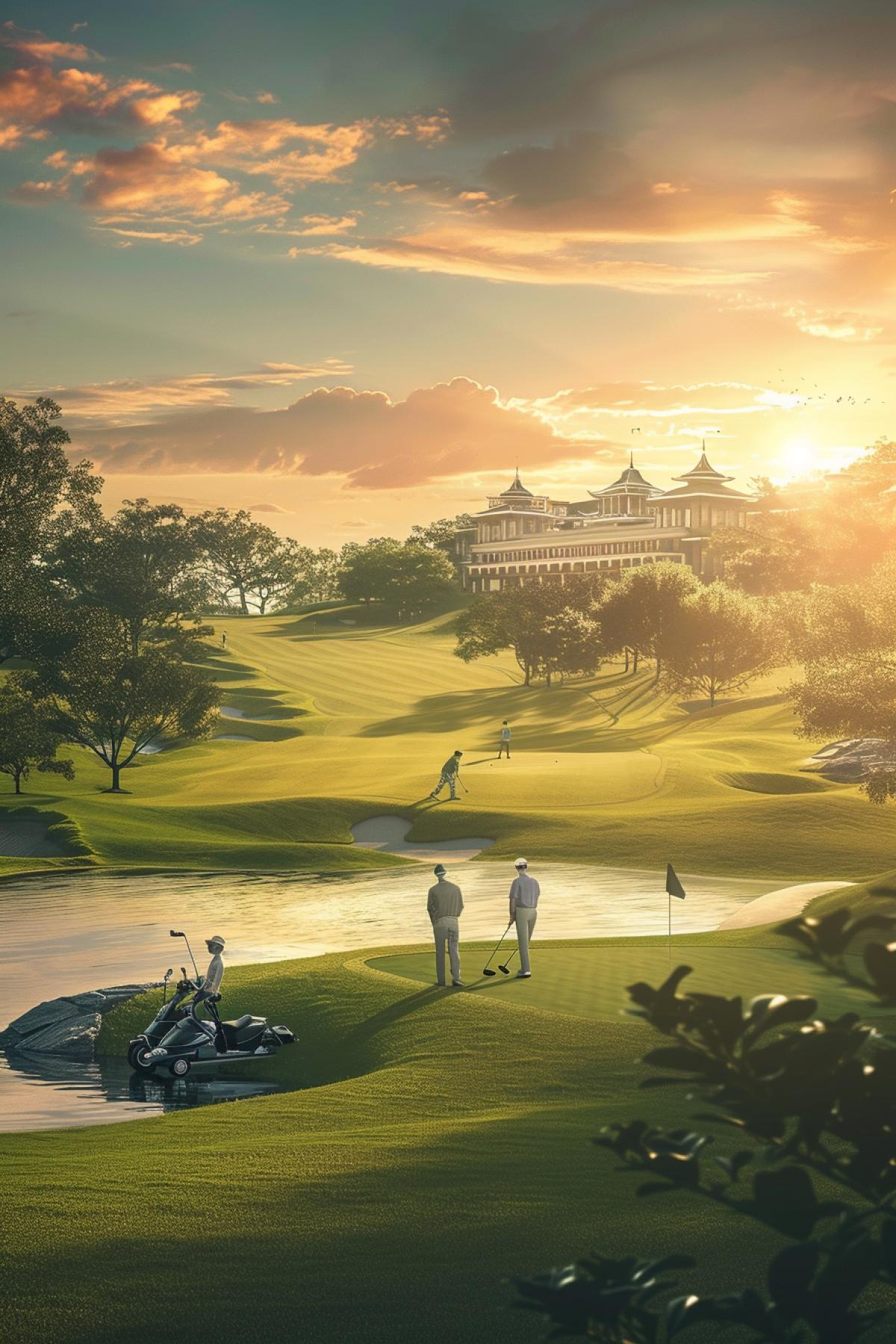 Create a realistic and picturesque golf course scene with a sunset backdrop. The shot should show players in stylish golf attire, expressing the emotions of a successful shot. Equipment such as clubs and bags should be detailed and placed in the foreground. The golf course landscape should include green hills, water hazards and sand bunkers. In the distance you can see a clubhouse with beautiful architecture. The overall atmosphere should convey the tranquility and grandeur of nature
