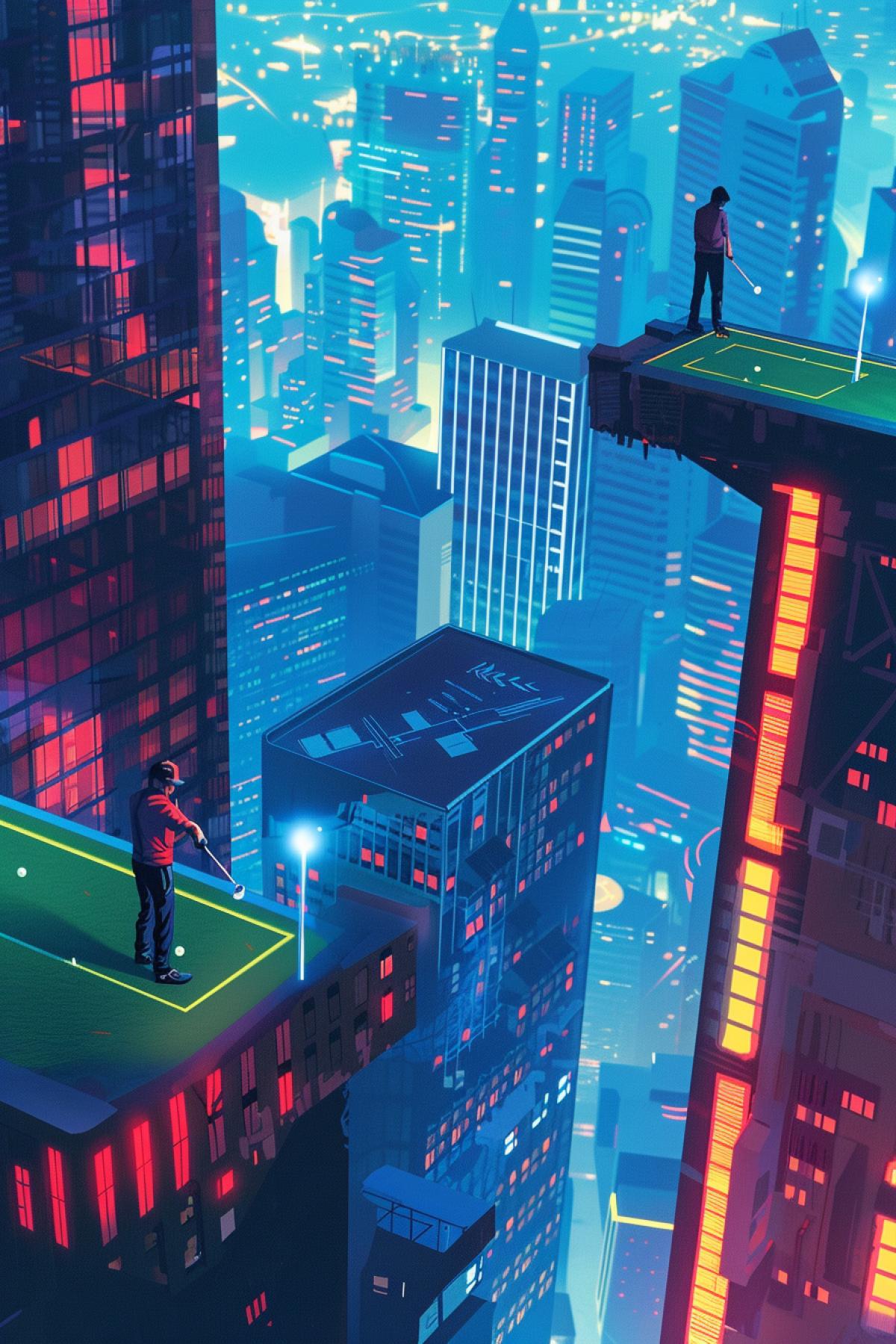 Create a dynamic golf scene in an unusual location for example, on the roof of a skyscraper in a metropolis. Players in modern sports style prepare to hit, surrounded by tall buildings, neon lighting and cityscapes. The ambience should convey the contrast between traditional golf and a state-of-the-art environment. Detail equipment including the latest clubs and balls. In the background, spectators can be seen watching the game from other skyscrapers