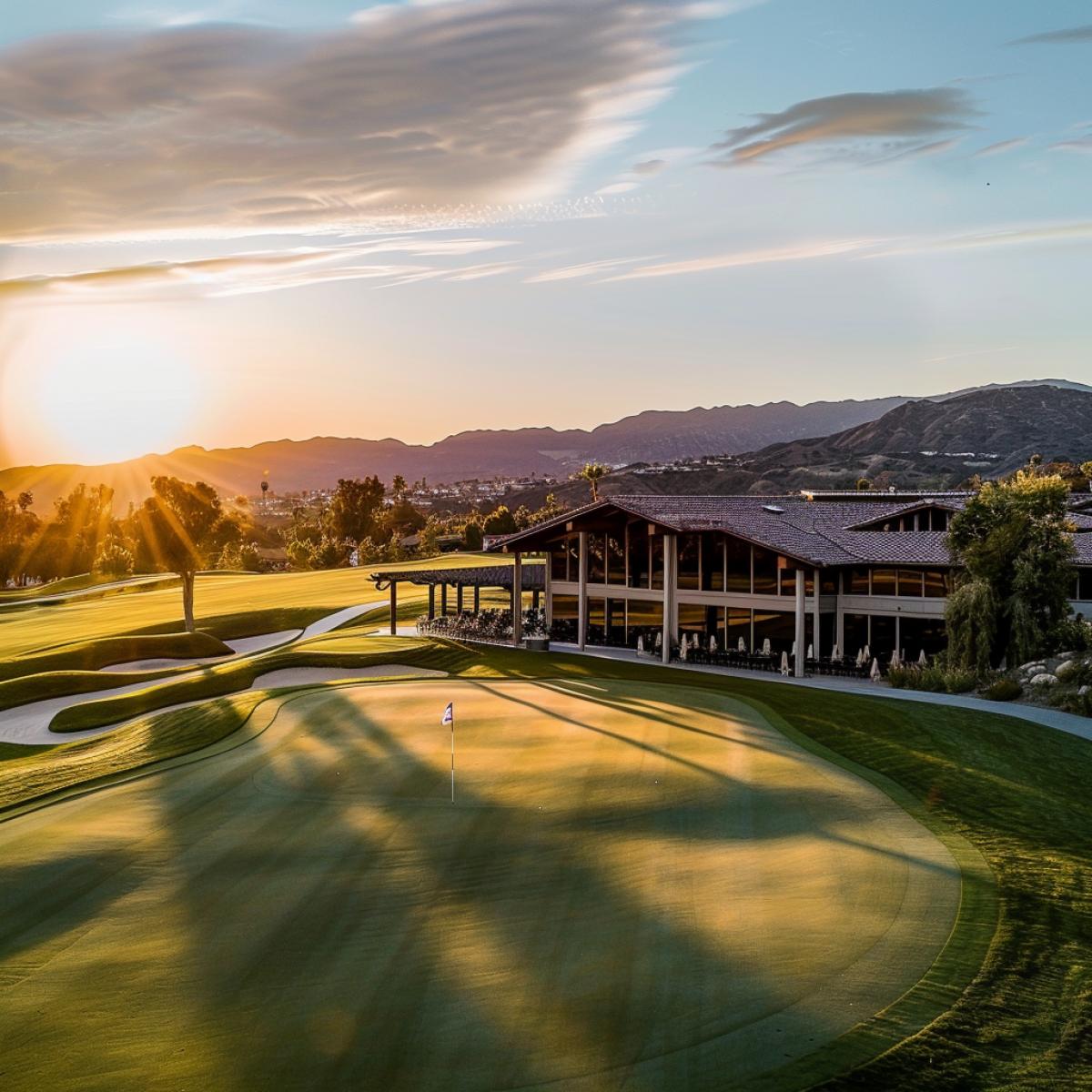 A luxurious golf resort at sunset, warm golden light luxury the landscape, long shadows. Elegant clubhouse with large windows, overlooking the 18th hole. Golfers celebrating a successful game, clinking glasses on the patio. Deep green fairways, perfectly aligned holes, gentle slopes, and strategically placed sand traps. Mountains in the background, a sense of accomplishment and relaxation.