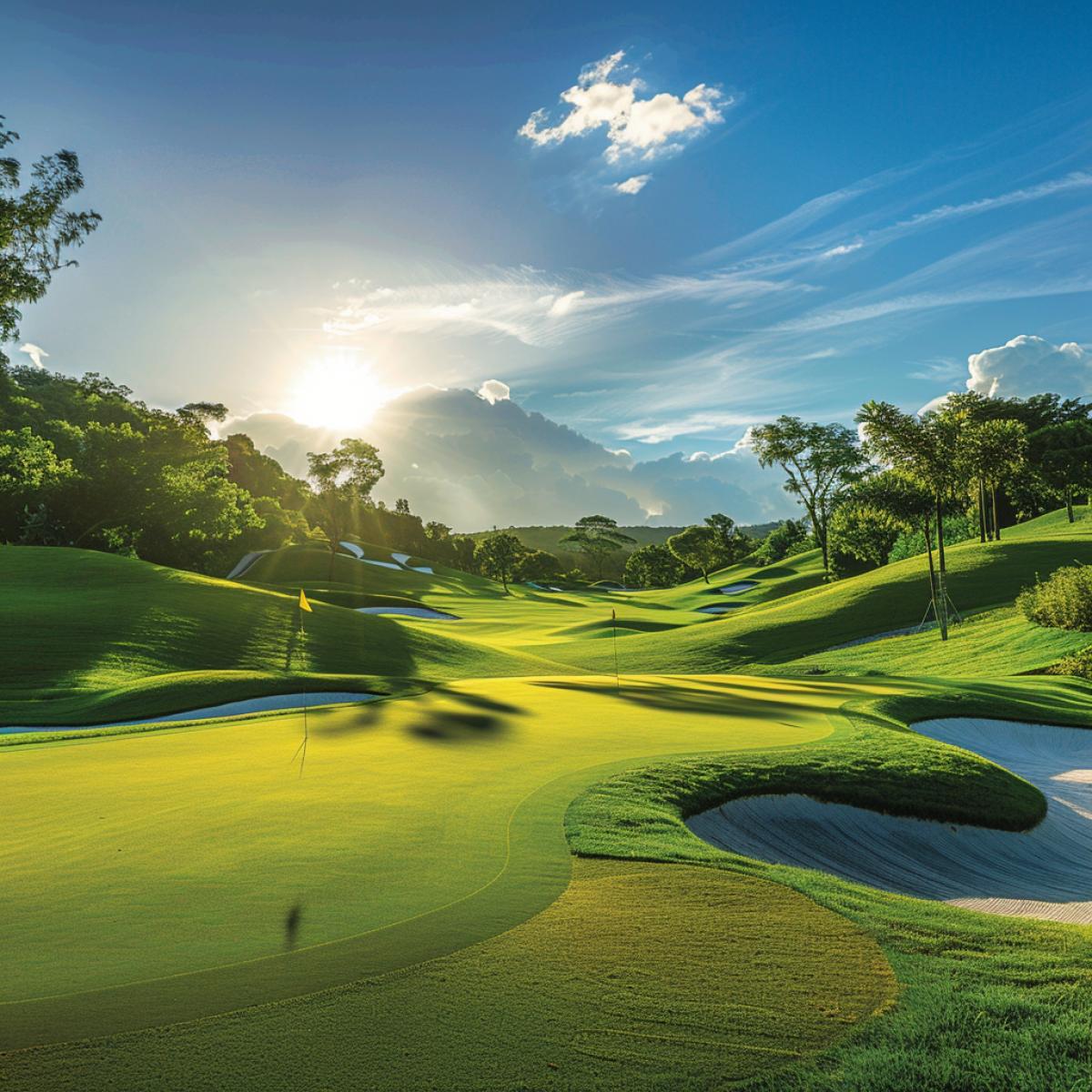 A sunny golf course, vibrant green grass, rolling hills, well-manicured fairways, and bunkers. Clear blue sky, a few fluffy white clouds. Golfers in traditional attire, mid-swing, focused expressions. Sand traps, water hazards reflecting sunlight, lush trees surrounding the course. Early morning light, long shadows, serene and peaceful atmosphere, birds in the distance