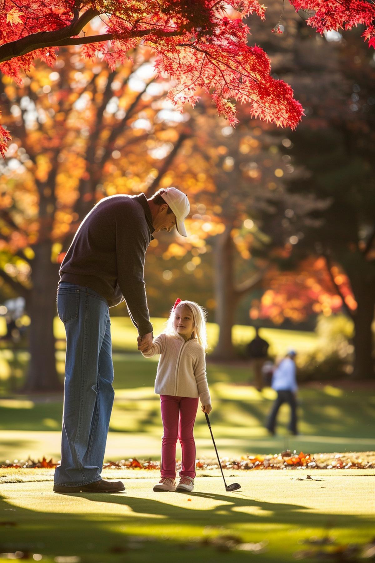 A father teaching his young daughter how to golf, on a beautiful autumn day. They stand on a vibrant green fairway, surrounded by trees with red and orange leaves. The father gently guides her swing, both smiling and enjoying the moment. Warm afternoon light, soft shadows, a sense of bonding and patience. Nearby, other golfers practice, a calm and supportive atmosphere