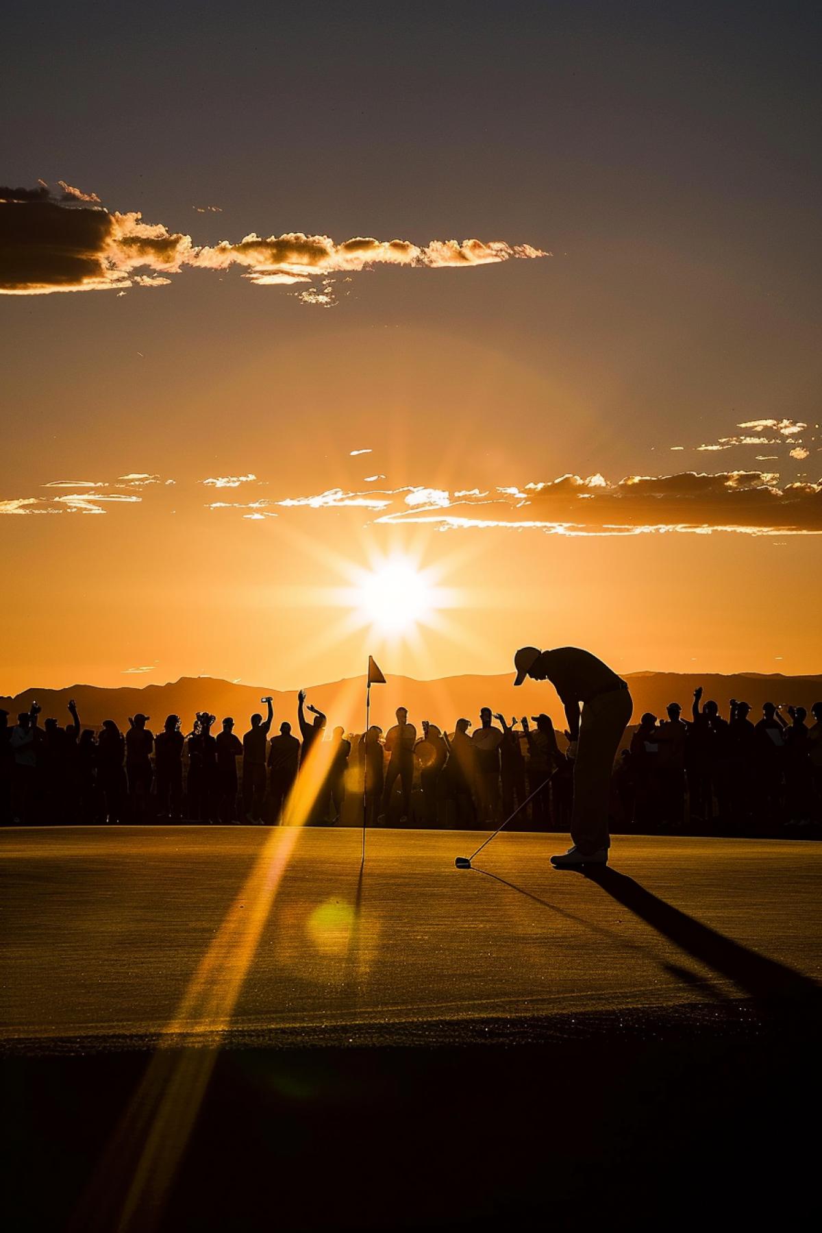 A dramatic golf tournament finale, the sun setting behind the horizon, casting a golden glow across the course. The crowd cheers as the leading golfer, intense focus in their eyes, lines up a critical putt. Vibrant green fairway, dynamic shadows, a sea of spectators holding their breath. The golfer’s silhouette sharply contrasted against the brilliant sunset, capturing the tension and excitement of the moment.