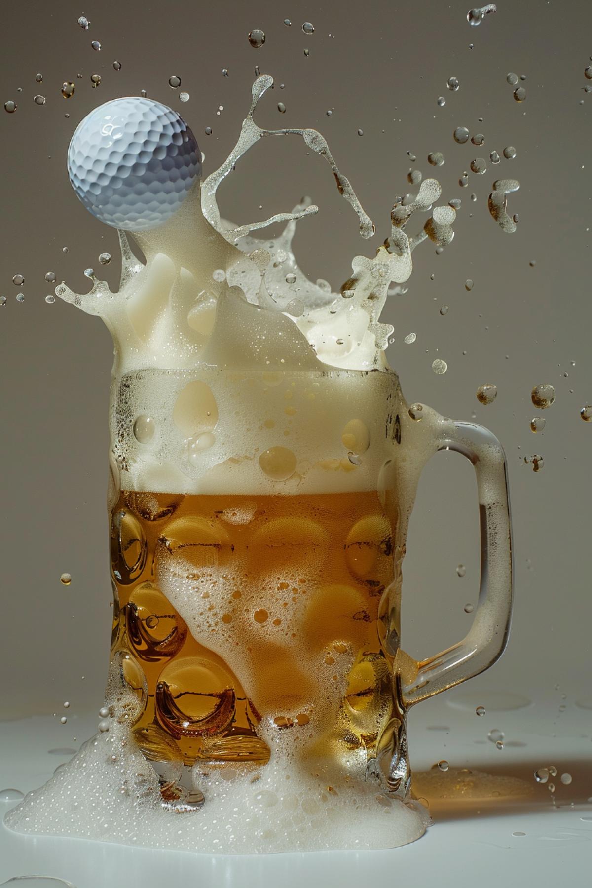 golf ball hit a beer mug with beer and foam