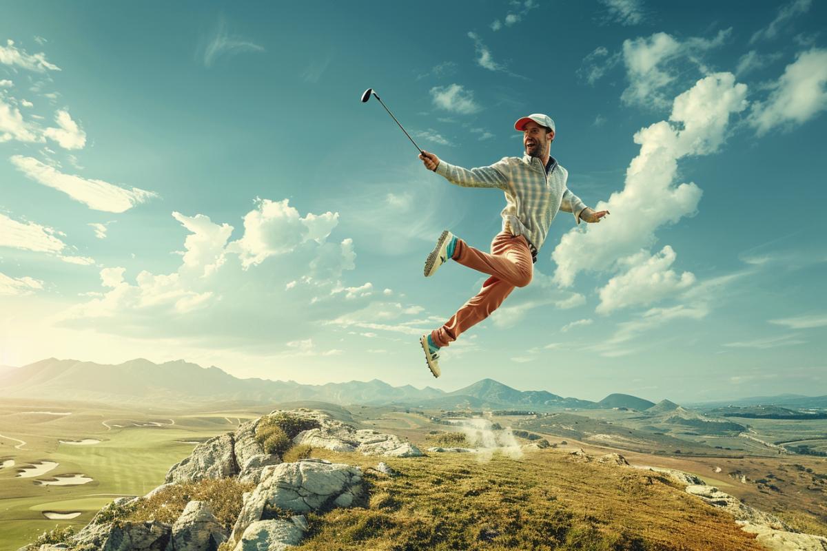photorealistic. happy golfer with a club in a jump on the vast landscape of a golf course