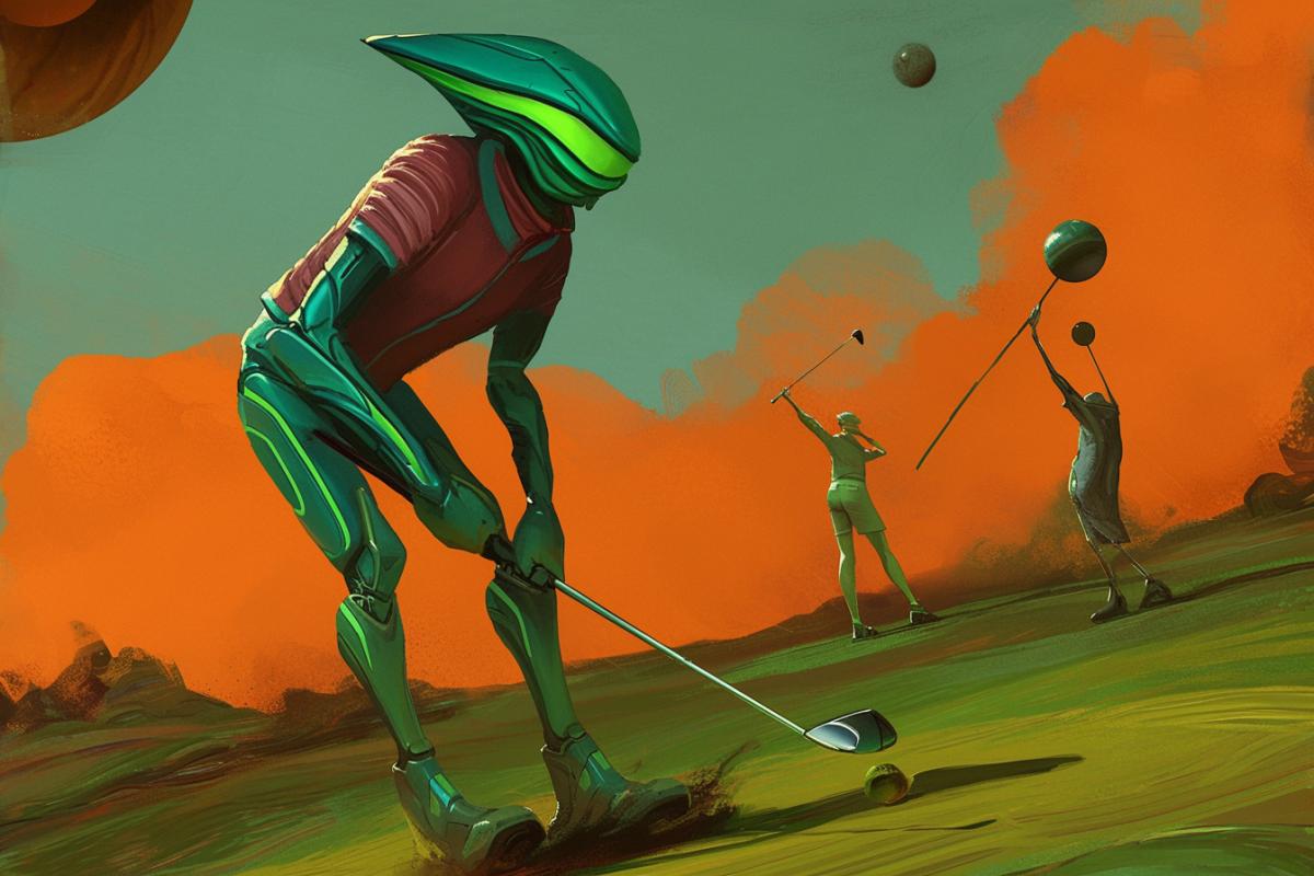 Aliens green men, playing golf on orange lawn, dynamic 4ks, active movement, close-up, shooting from below, . digital painting, futurism, fantasy, illustration, trending on Artstation