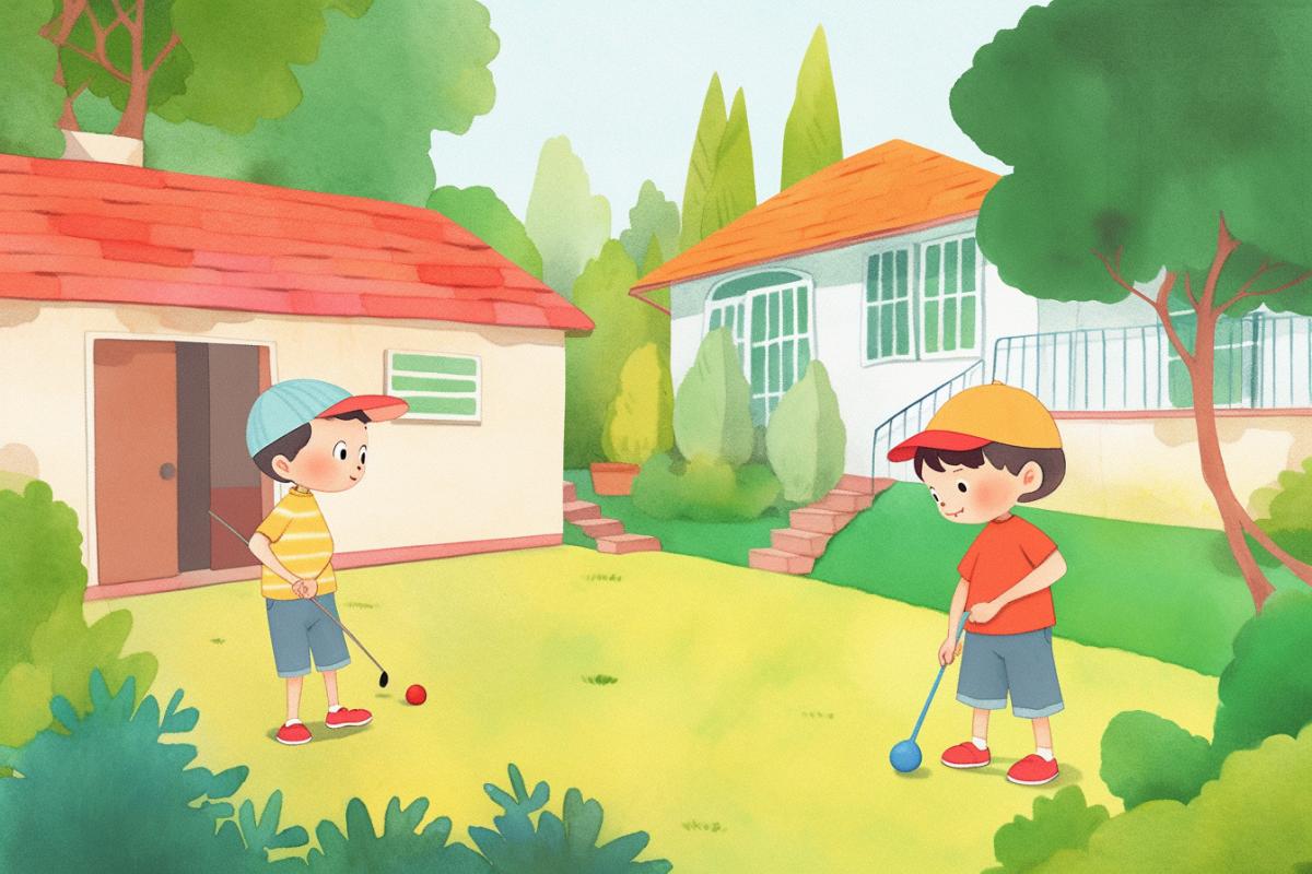 A picture of two little boys playing golf in the yard of their house, In the style of Richard Scarry, illustrations for childrens books