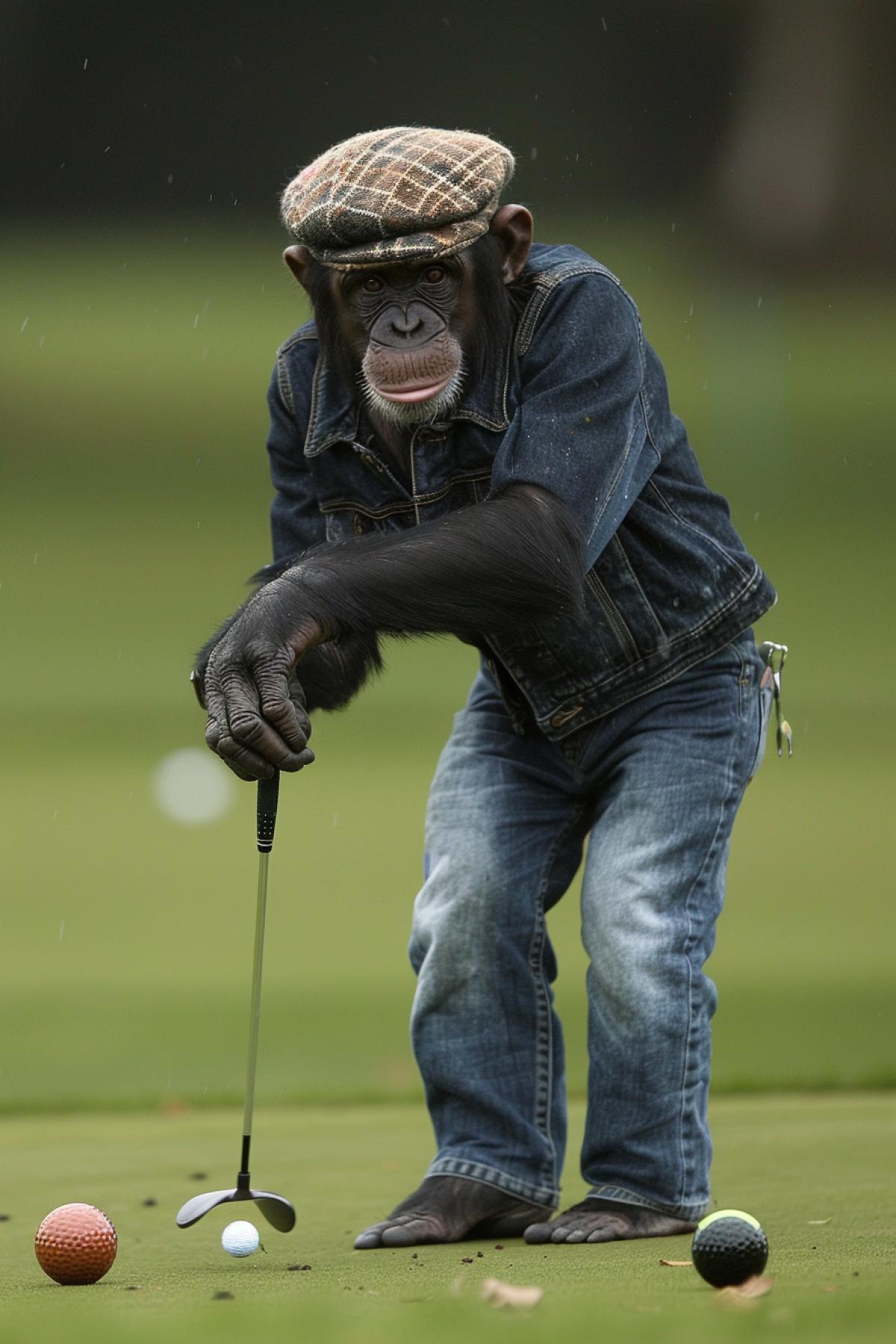 Chimpanzee in denim shorts plays golf
