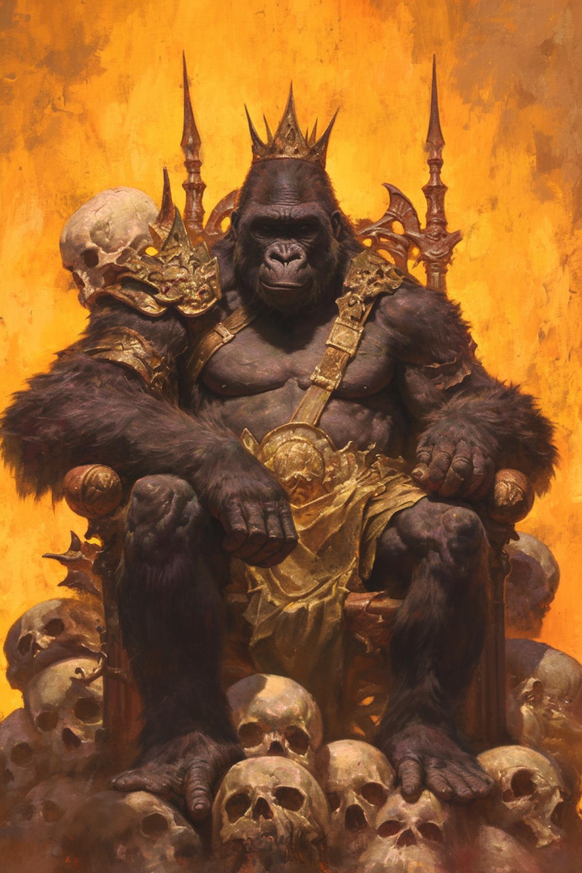 a gorilla with a crown on his head sits on a throne of human skulls, holds a skull in his hand, something else fantasy, light from torches, fantasy style, by Gerald Brom, Boris Vallejo,highly detailed, packed with hidden details, style, high dynamic range, hyper realistic, realistic attention to detail, highly detailed, 32K, intense close ups, uhd image, realism, colorful realism