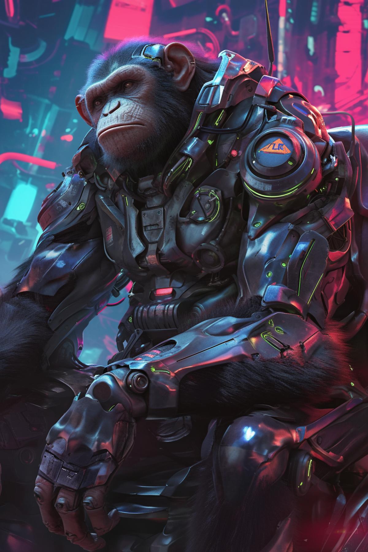 chimpanzee gladiator in cybernetic armor, robot armor, gladiator monkey, sci fi style, cyberpunk, future colosseum, neon, anger emotions, red and dark, highly detailed, packed with hidden details, style, high dynamic range, hyper realistic, realistic attention to detail, highly detailed, 32K, intense close ups, uhd image, realism, colorful realism