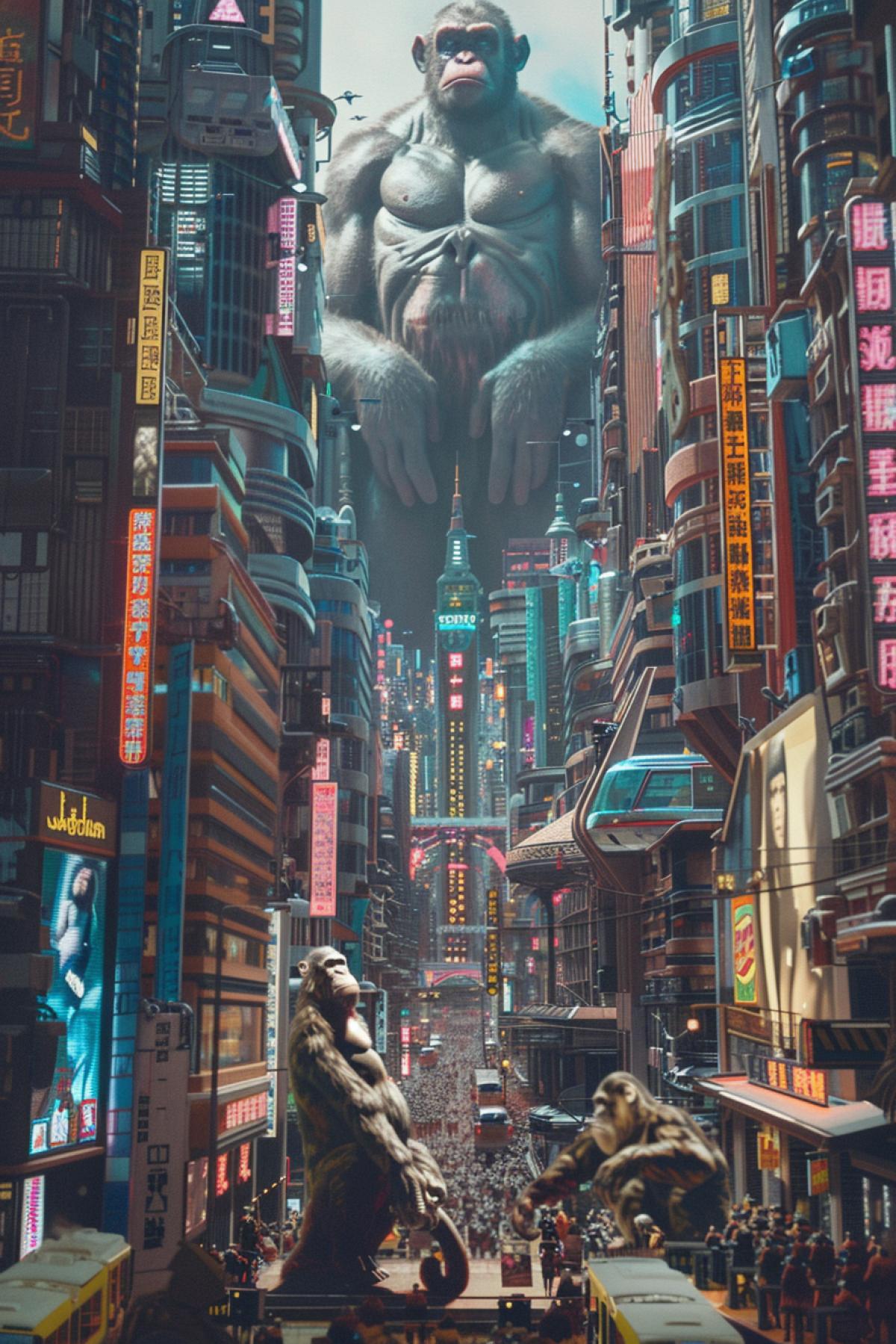 A futuristic cityscape dominated by advanced ape society. Tall skyscrapers with intricate designs, ling streets filled with apes in various roles: scientists, engineers, artists. Neon lights, flying vehicles, and high-tech gadgets. Apes wearing sophisticated attire, engaging in complex tasks. The central plaza features a grand statue of an influential ape leader, symbolizing progress and unity. The vertical com4k emphasizes the height and scale of the architecture