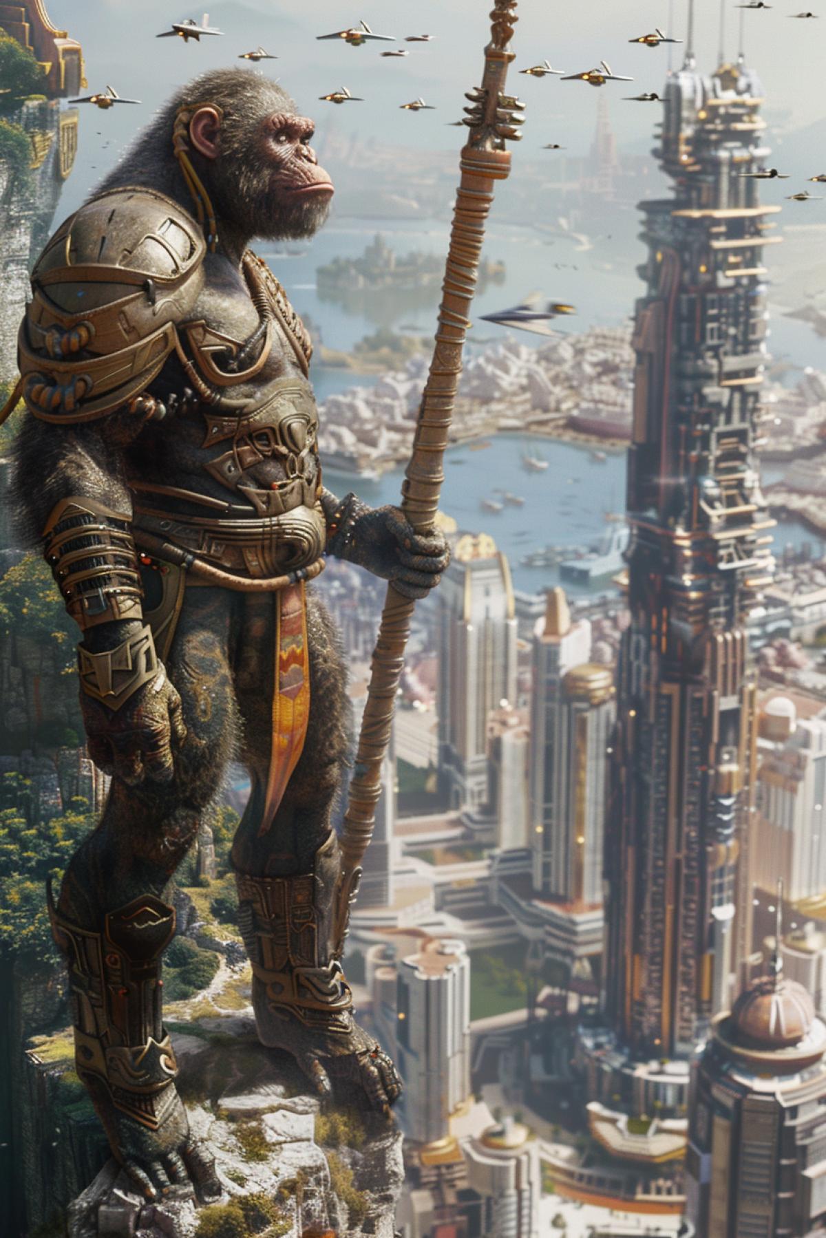 A powerful ape warrior in ornate armor stands atop a cliff, overlooking a vast cityscape. The city below features tall, futuristic buildings with intricate designs, flying vehicles, and ling streets. The ape wields a large, decorated spear, with a determined expression on its face. The scene captures the blend of natural strength and advanced civilization, emphasizing the warriors dominance and protection over the city
