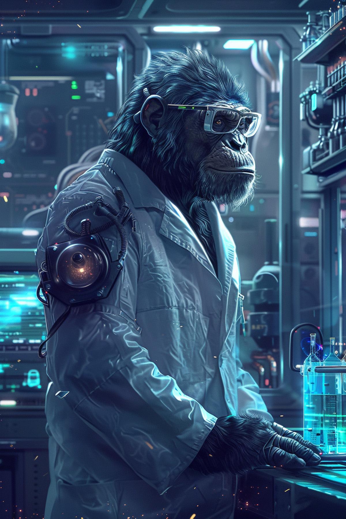 An imposing ape scientist stands in a high-tech laboratory, surrounded by futuristic gadgets and holographic displays. The lab is filled with advanced equipment, shelves of glowing chemicals, and robotic assistants. The ape wears a white lab coat, glasses perched on its nose, and a look of intense focus. The vertical com4k highlights the height of the lab and the ape’s central role in scientific innovation