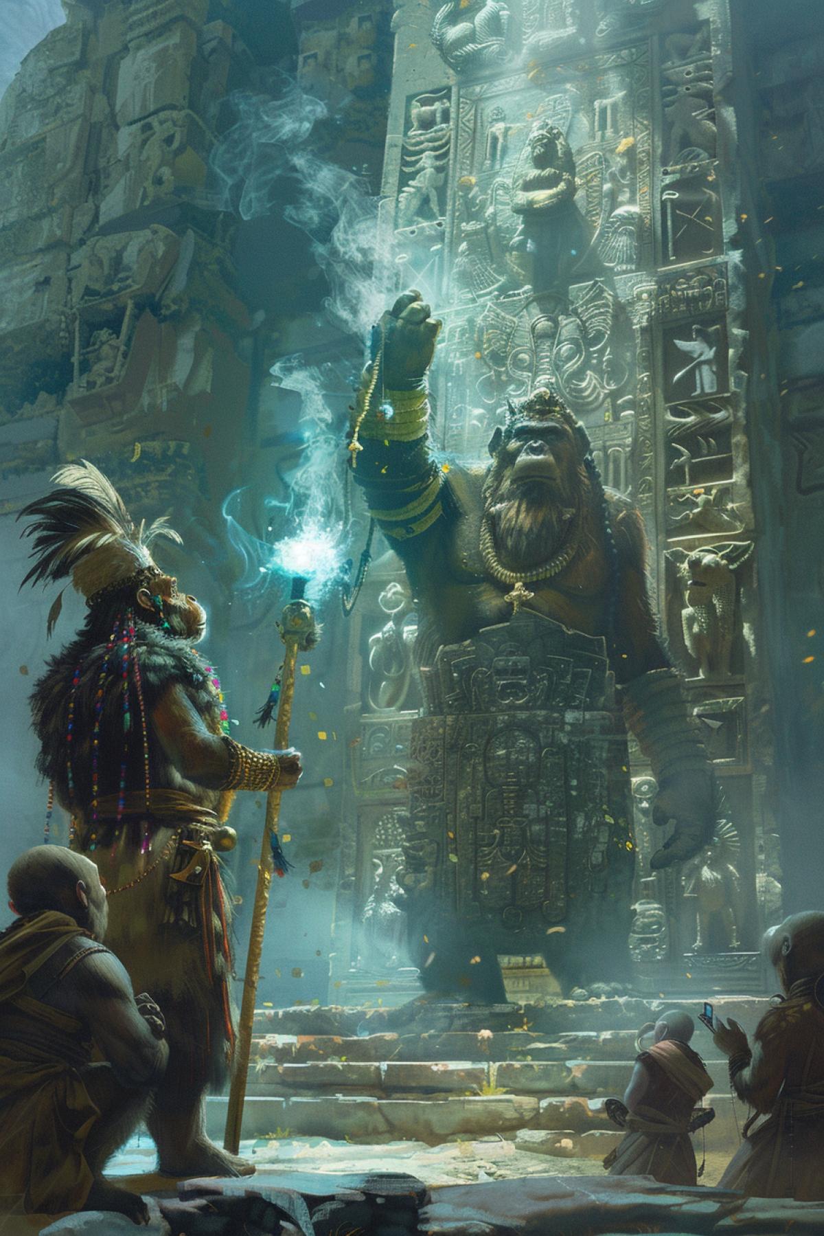 A wise ape shaman performs a mystical ritual in an ancient, towering temple. The shaman, adorned with feathers and beads, raises a staff towards a large, glowing idol of an ape deity. The temple walls are covered with intricate carvings and symbols. Other apes, in ceremonial garb, watch in awe. The atmosphere is filled with incense smoke and soft chanting. The vertical com4k emphasizes the height and beautifulness of the temple, highlighting the shaman’s spiritual significance