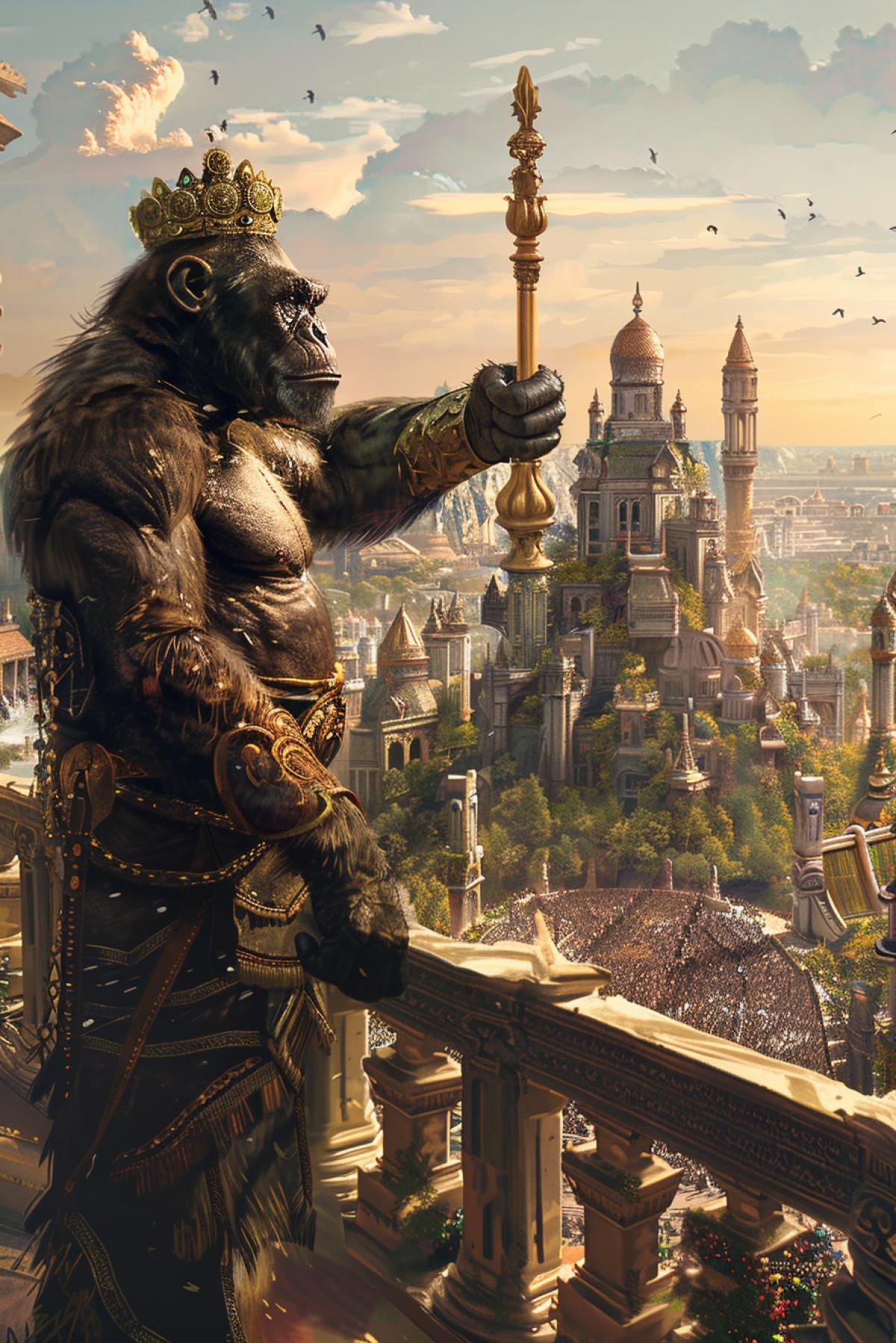 A majestic ape king standing on a grand balcony overlooking his vast kingdom. The king, adorned in regal robes with a golden crown, raises his scepter high, addressing a massive gathering of apes below. The cityscape features stunning architecture, with towering spires and lush gardens. The sky is painted with the colors of a setting sun, casting a golden glow over the scene. The vertical com4k highlights the grandeur of the balcony and the king’s commanding presence