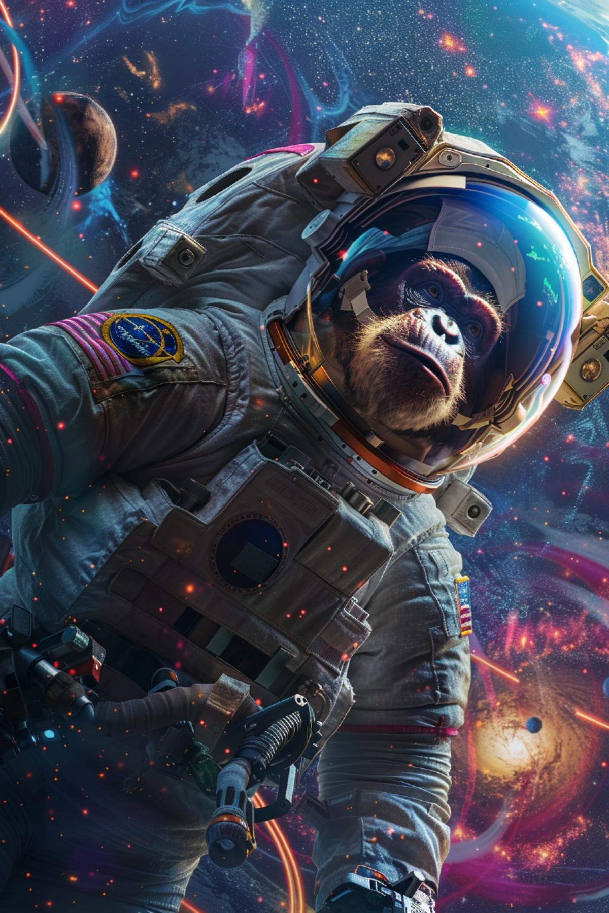 An awe-inspiring ape astronaut floating in space, tethered to a futuristic spacecraft. The astronaut wears a sleek, high-tech suit with a transparent helmet, luxury their focused expression. The background is filled with distant stars, galaxies, and a vibrant nebula. The spacecraft features advanced technology and intricate designs. The vertical com4k captures the vastness of space and the pioneering spirit of the ape astronaut, highlighting their bravery and exploration