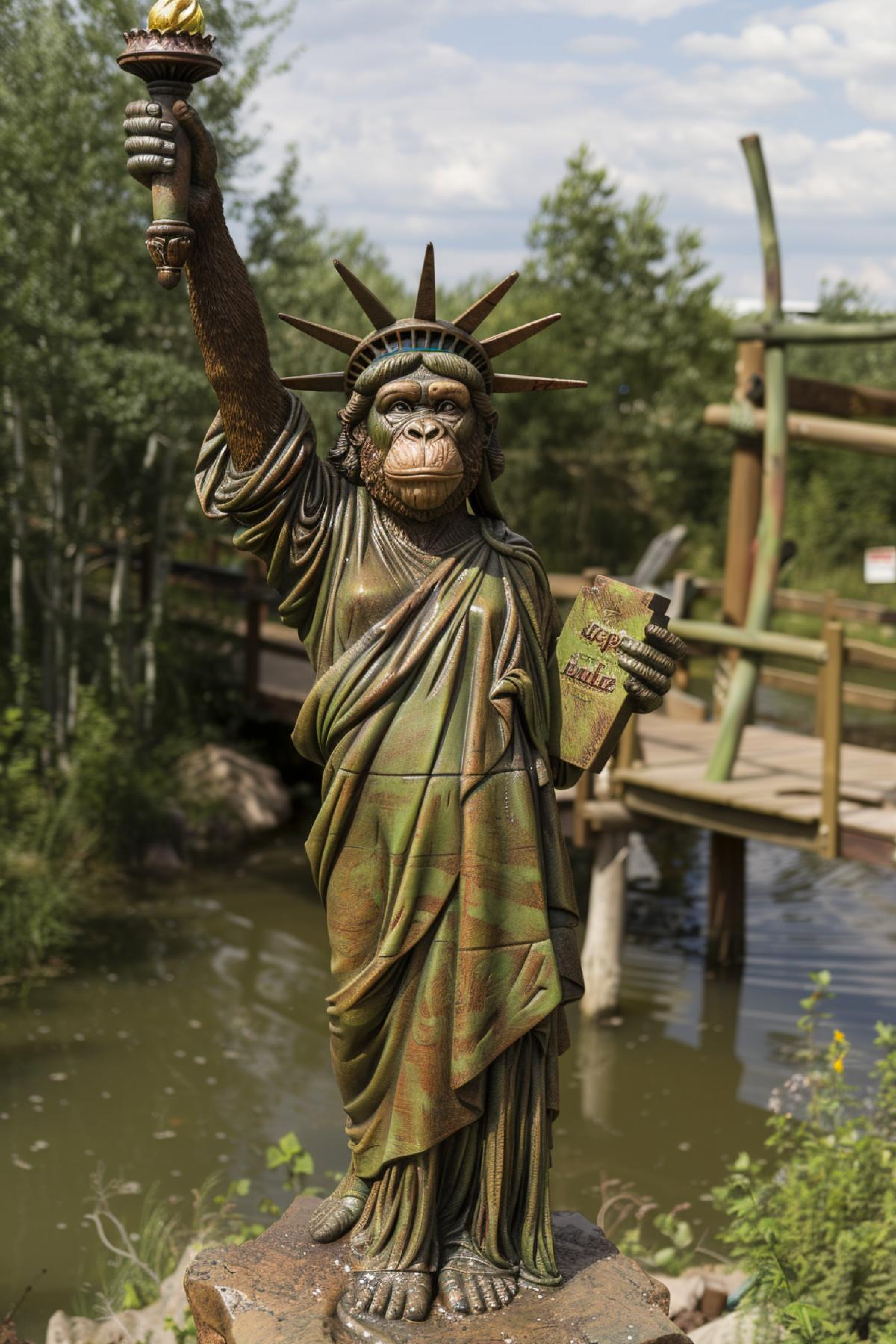 Life-size statue of liberty with monkey head