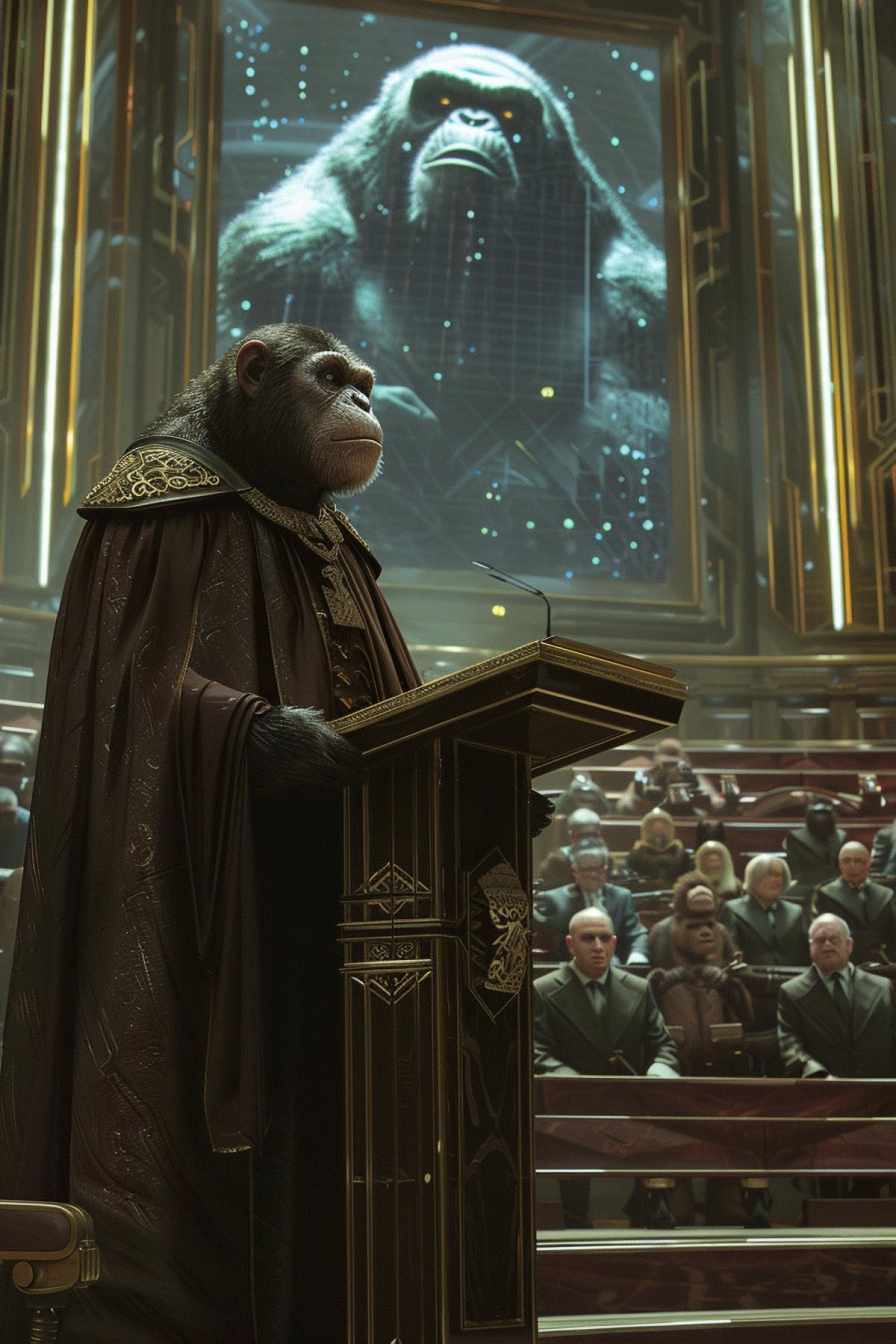 An elegant ape diplomat addresses a grand political assembly in a magnificent hall. The diplomat stands at a podium, dressed in luxurious robes, with advanced holographic displays behind them. The assembly is filled with apes in formal attire, engaged in animated discussions. The architecture blends classical elements with futuristic technology. The vertical com4k highlights the grandeur of the hall and the diplomat’s central role in leadership